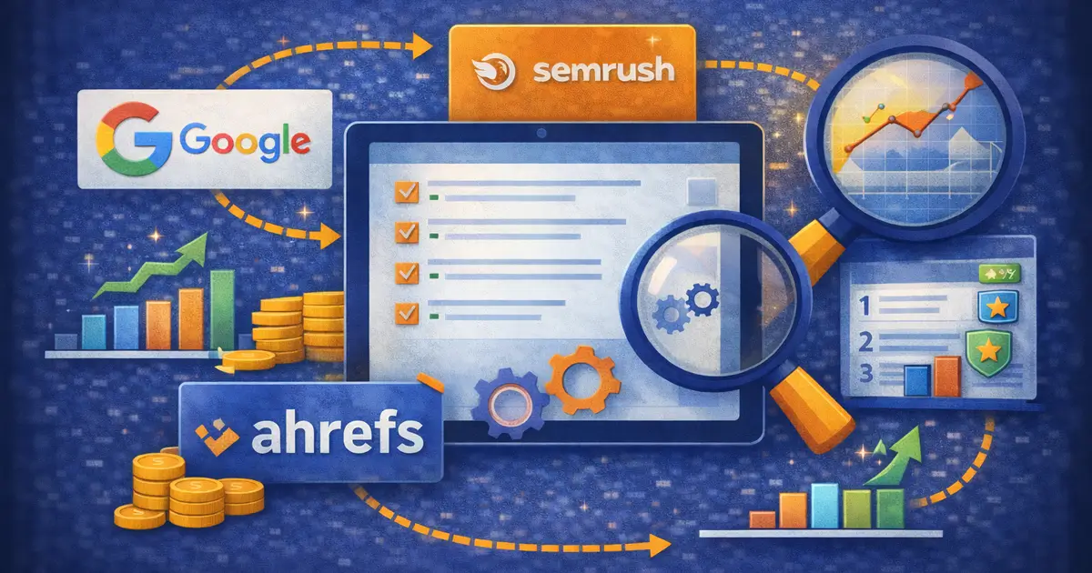 A visual showing essential SEO tools used to research, track, and improve performance.