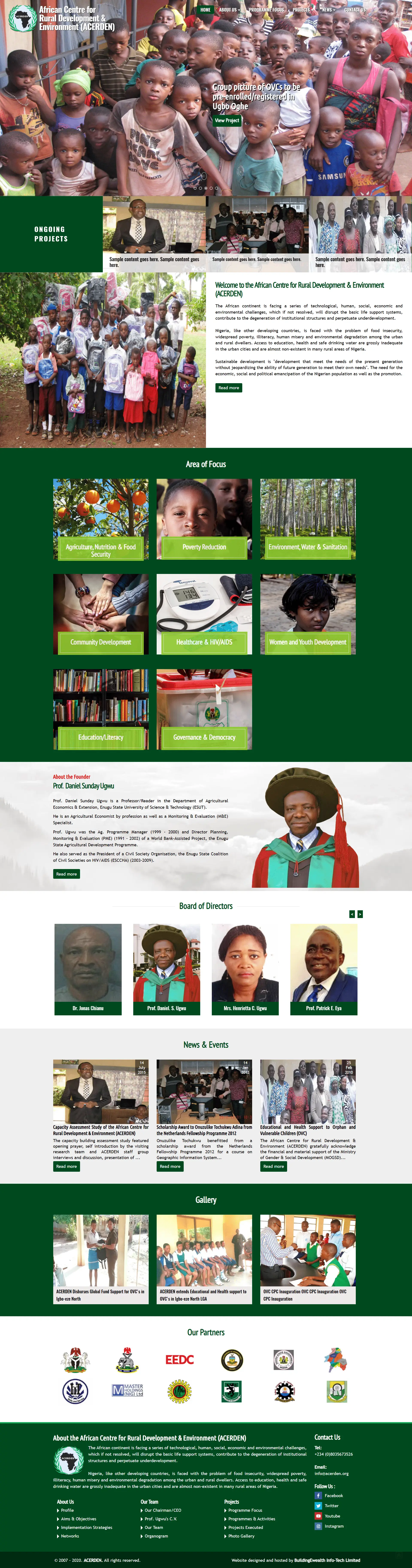 African Centre for Rural Development & Environment Nonprofit website homepage showing agriculture, healthcare and sustainability