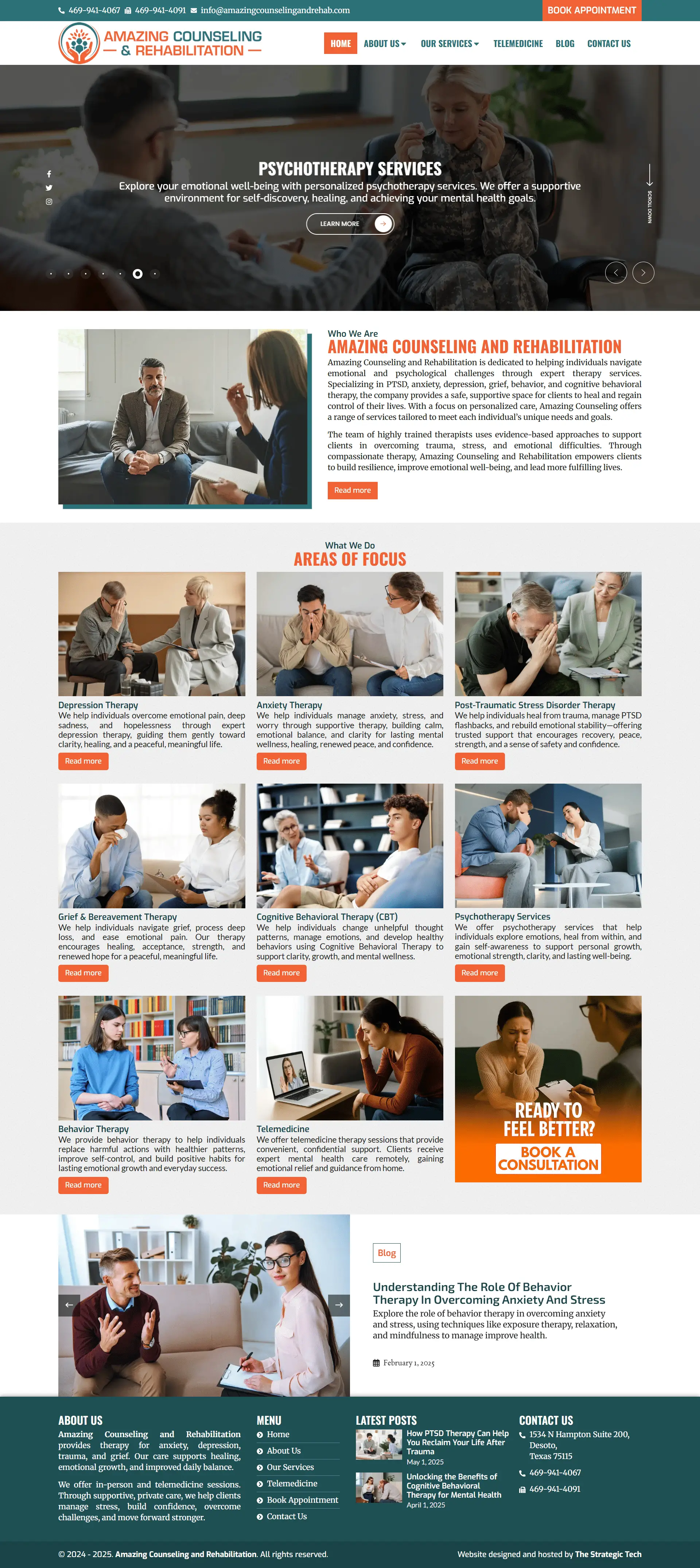 Amazing Counseling and Rehabilitation Wellness website homepage showing psychotherapy, trauma recovery, and telemedicine