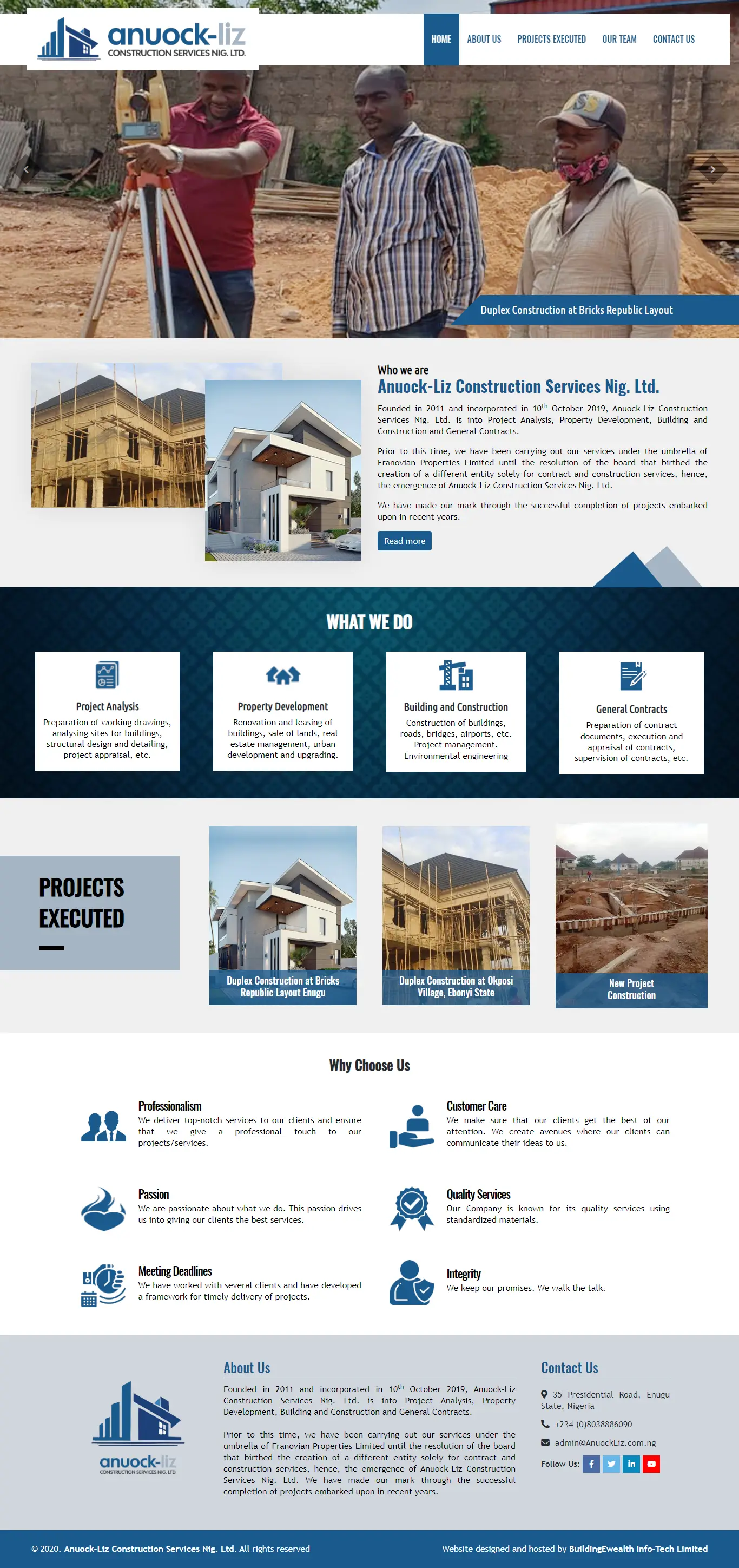 Anuock-Liz Construction Services Nig. Ltd Construction website homepage showing project analysis and property development