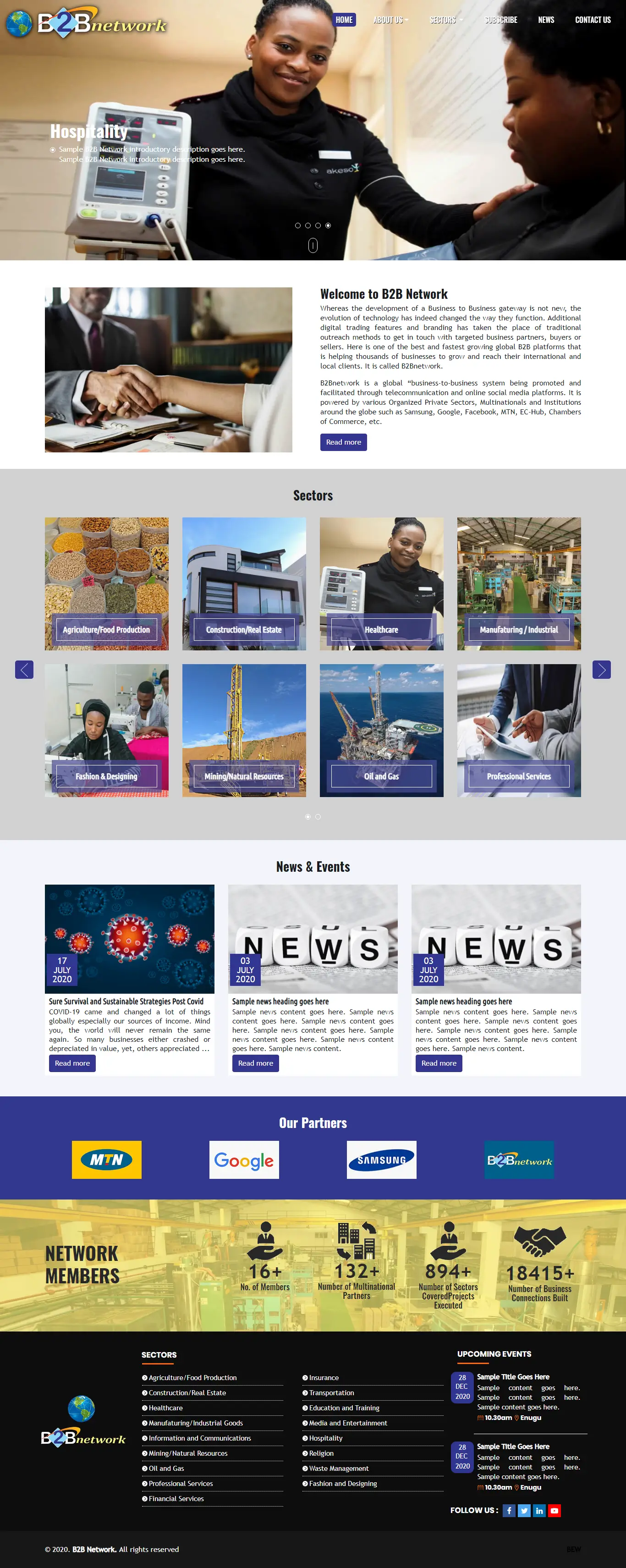 B2B Network Technology website homepage showing business networking, digital trading, industry connections, and collaboration