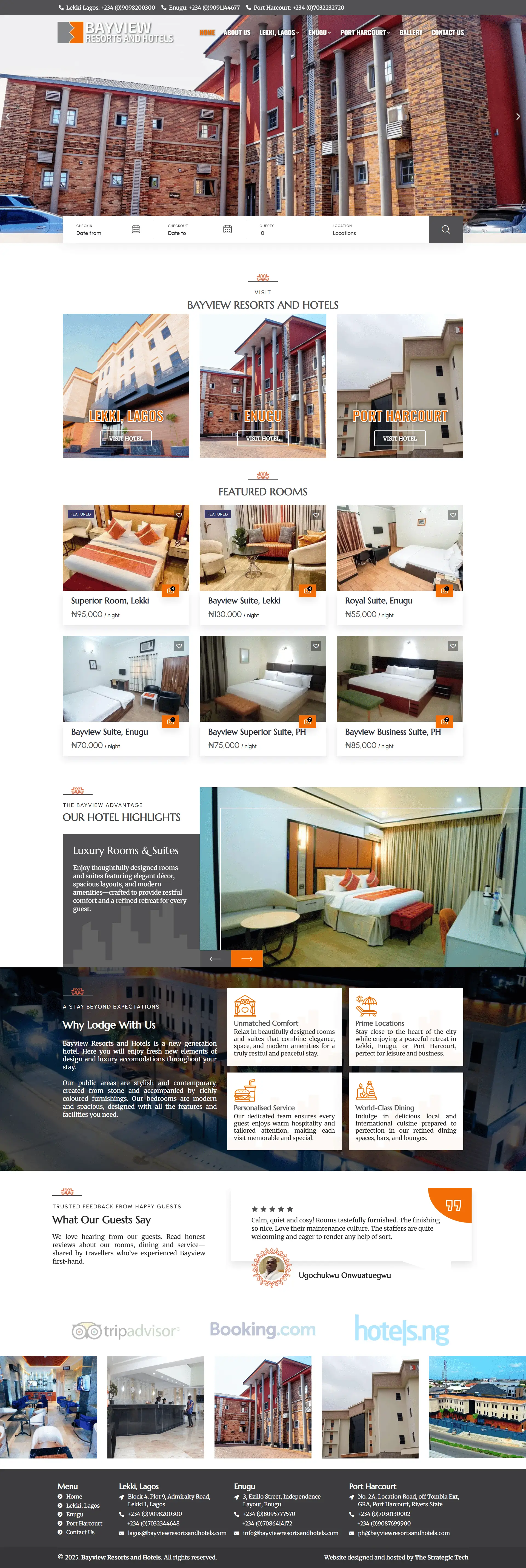Bayview Resorts and Hotels website homepage showing room bookings, luxury accommodations, hospitality, and guest experience