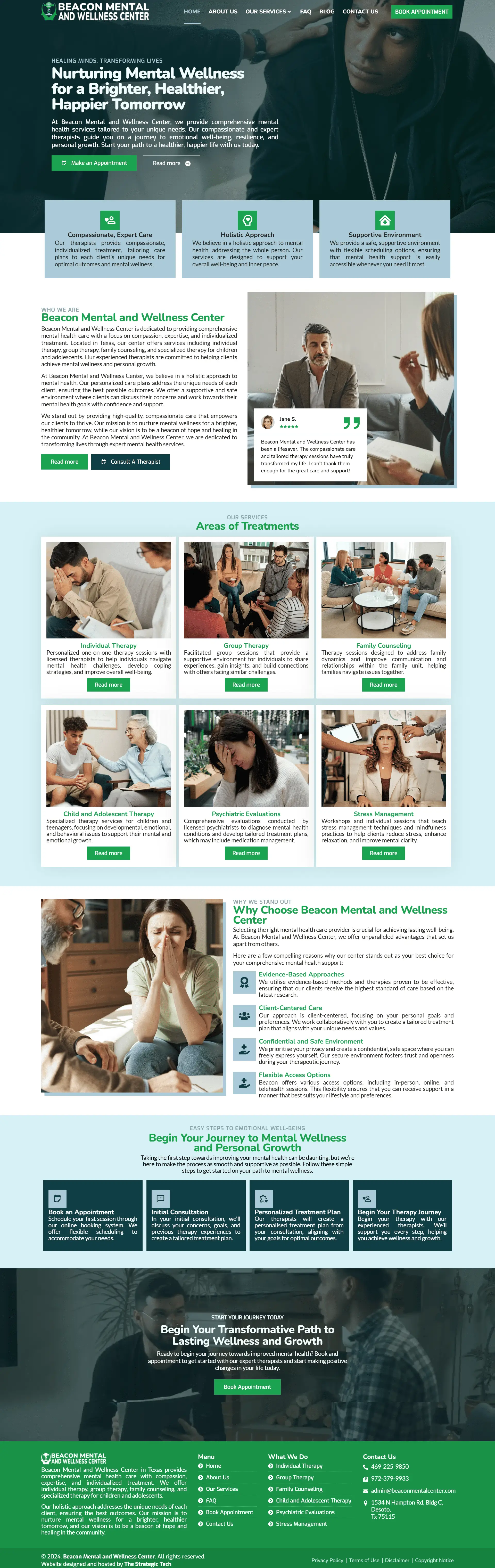 Beacon Mental and Wellness Center Wellness website homepage showing therapy, counseling, and stress management services
