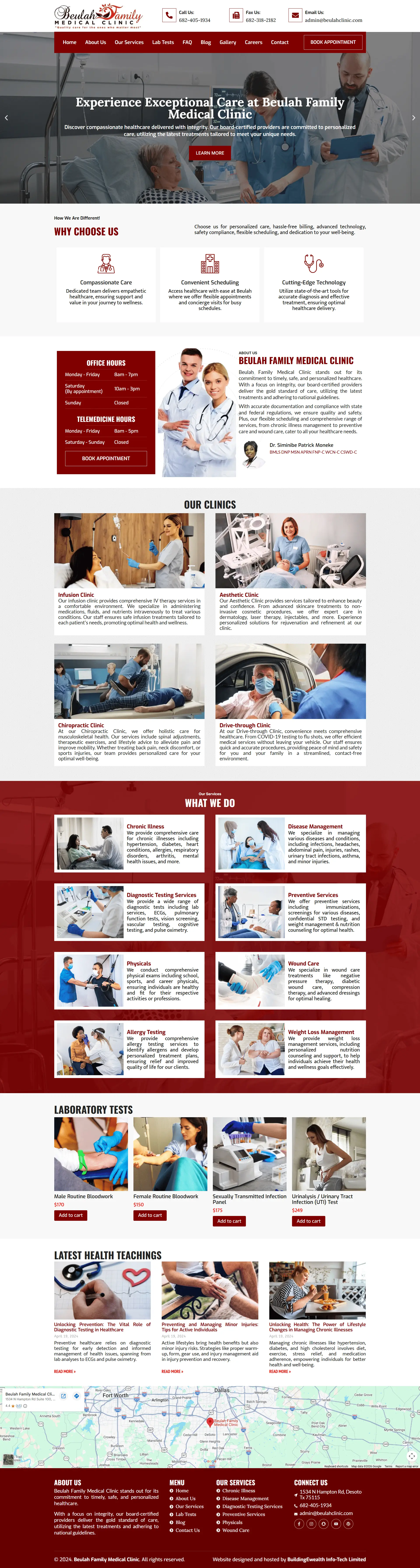 Beulah Family Medical Clinic Healthcare website homepage showing preventive care, diagnostics, and illness treatment services