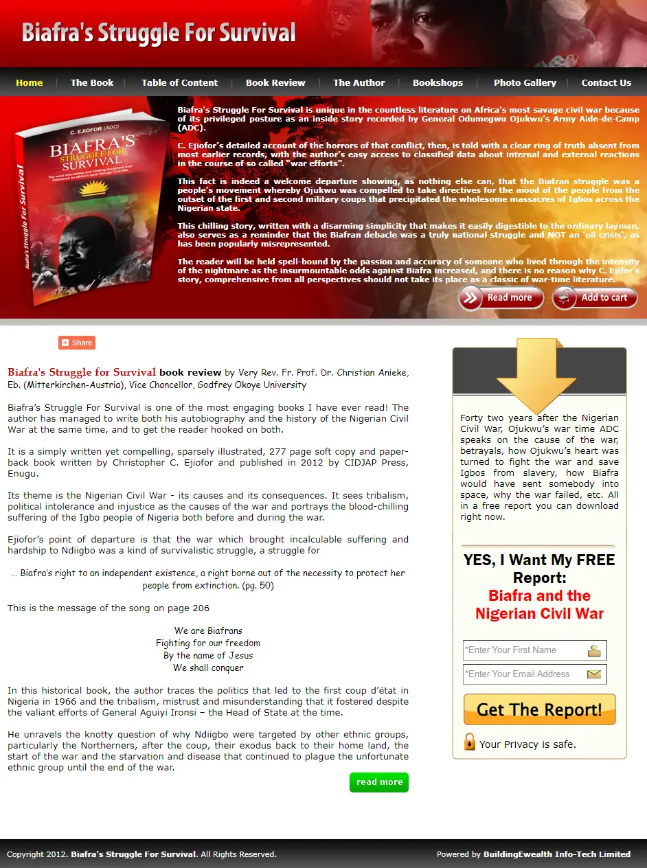 Biafra's Struggle For Survival Authors website homepage showing war historical account, book promotion, and storytelling