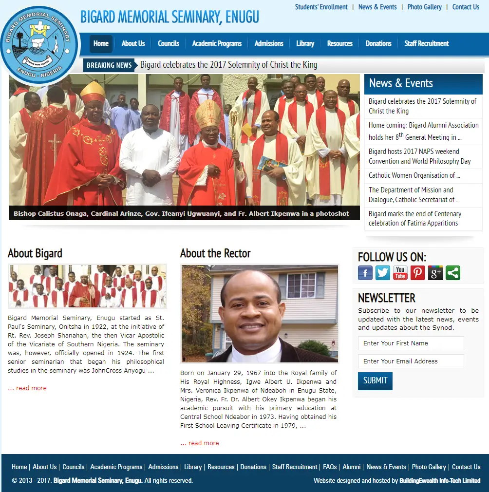 Bigard Memorial Seminary Education website homepage showing academic programs, religious training, admissions, and formation