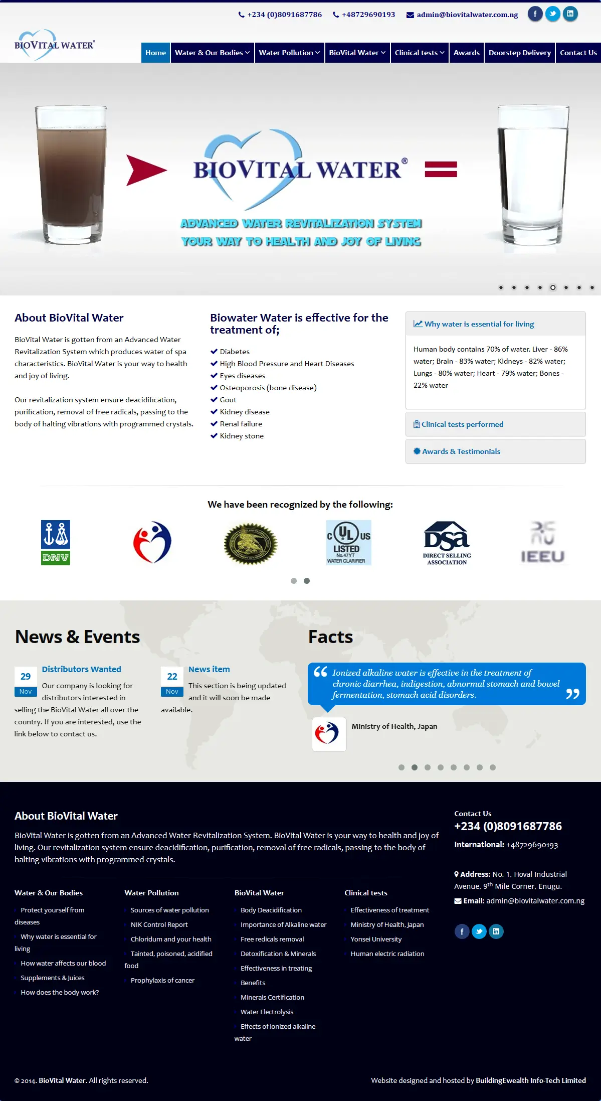 BioVital Water Wellness website homepage showing alkaline water system, hydration benefits, health education, and product info