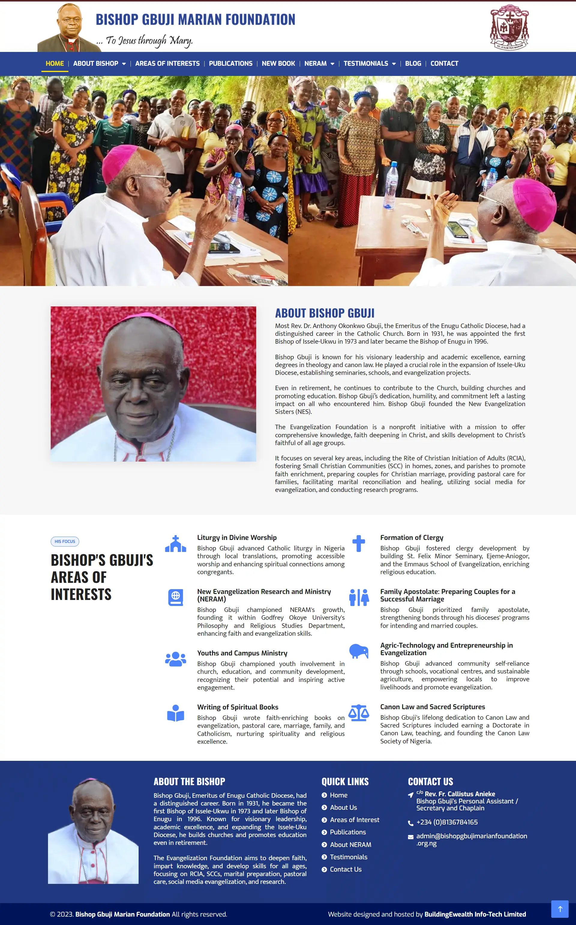 Bishop Gbuji Marian Foundation Nonprofit website homepage showing evangelization initiatives, youth ministry and clergy formation