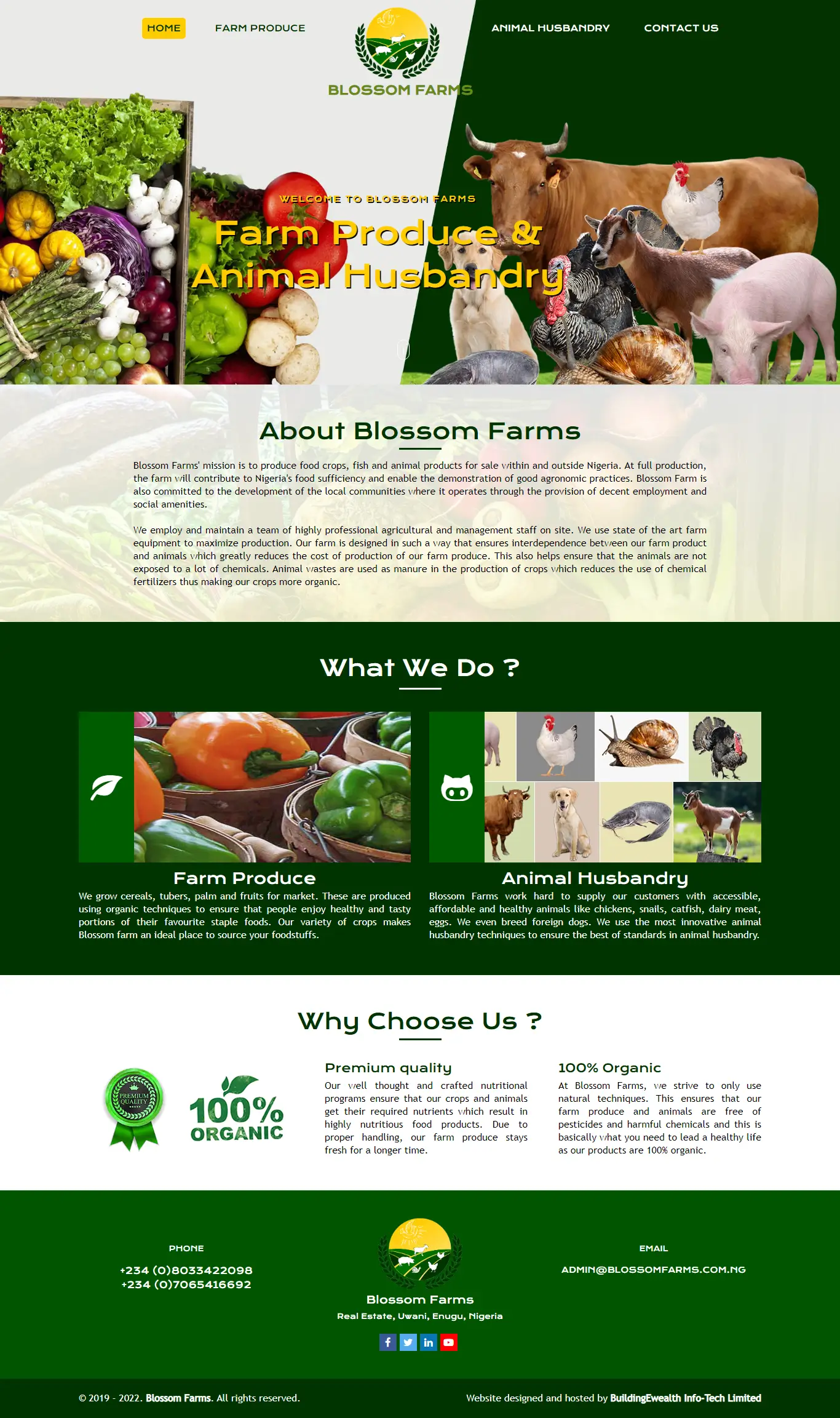 Blossom Farms Agriculture website homepage showing crop production, livestock farming, and agricultural products
