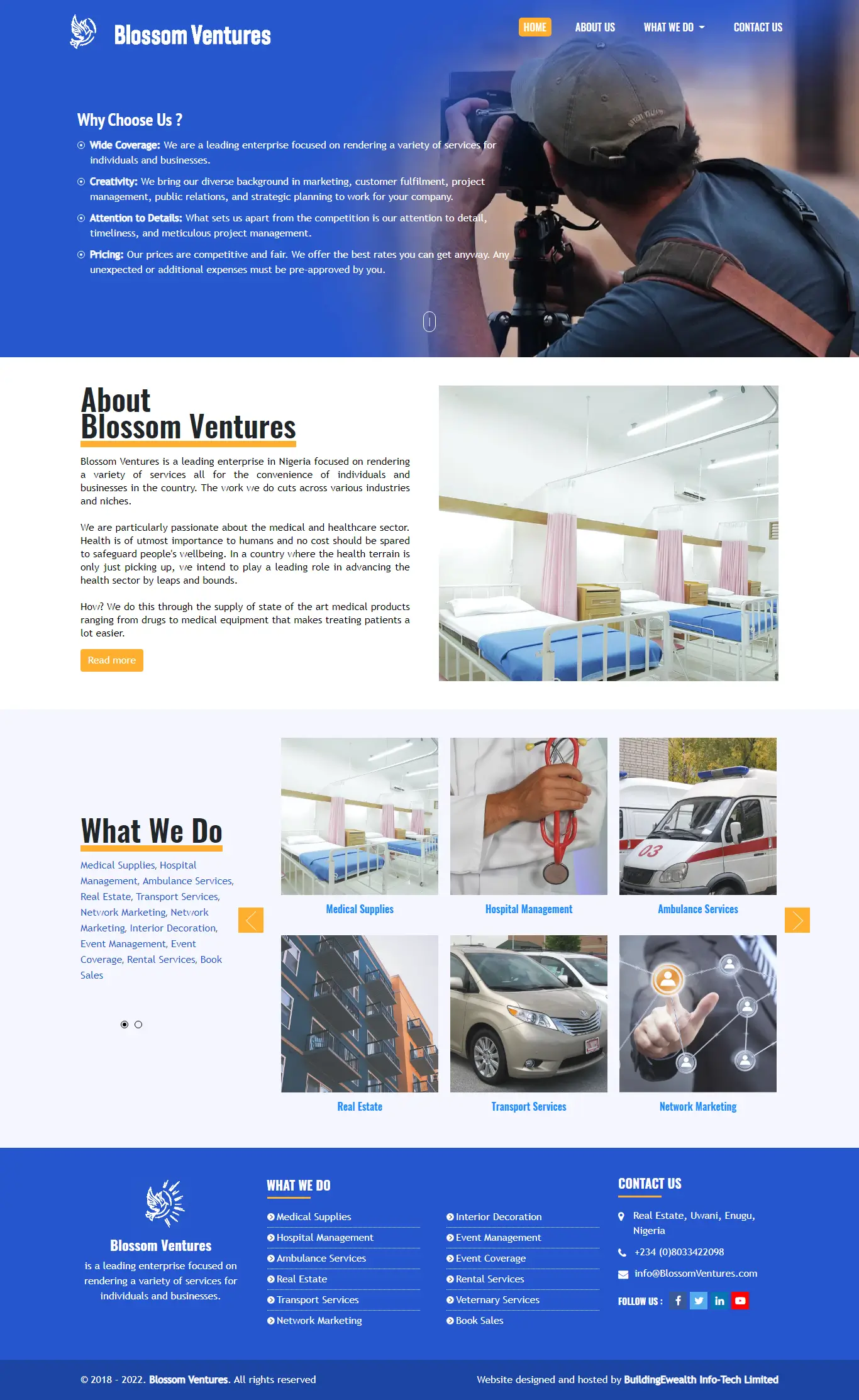 Blossom Ventures Conglomerate website homepage showing medical supplies, hospital management, real estate, and transportation