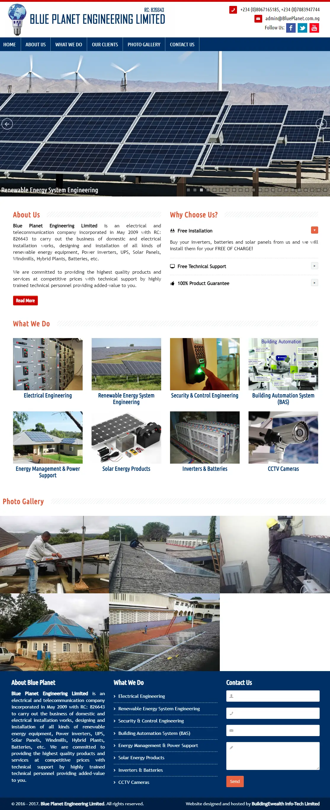 Blue Planet Engineering Limited Engineering website homepage showing electrical and security systems, solar, and power solutions