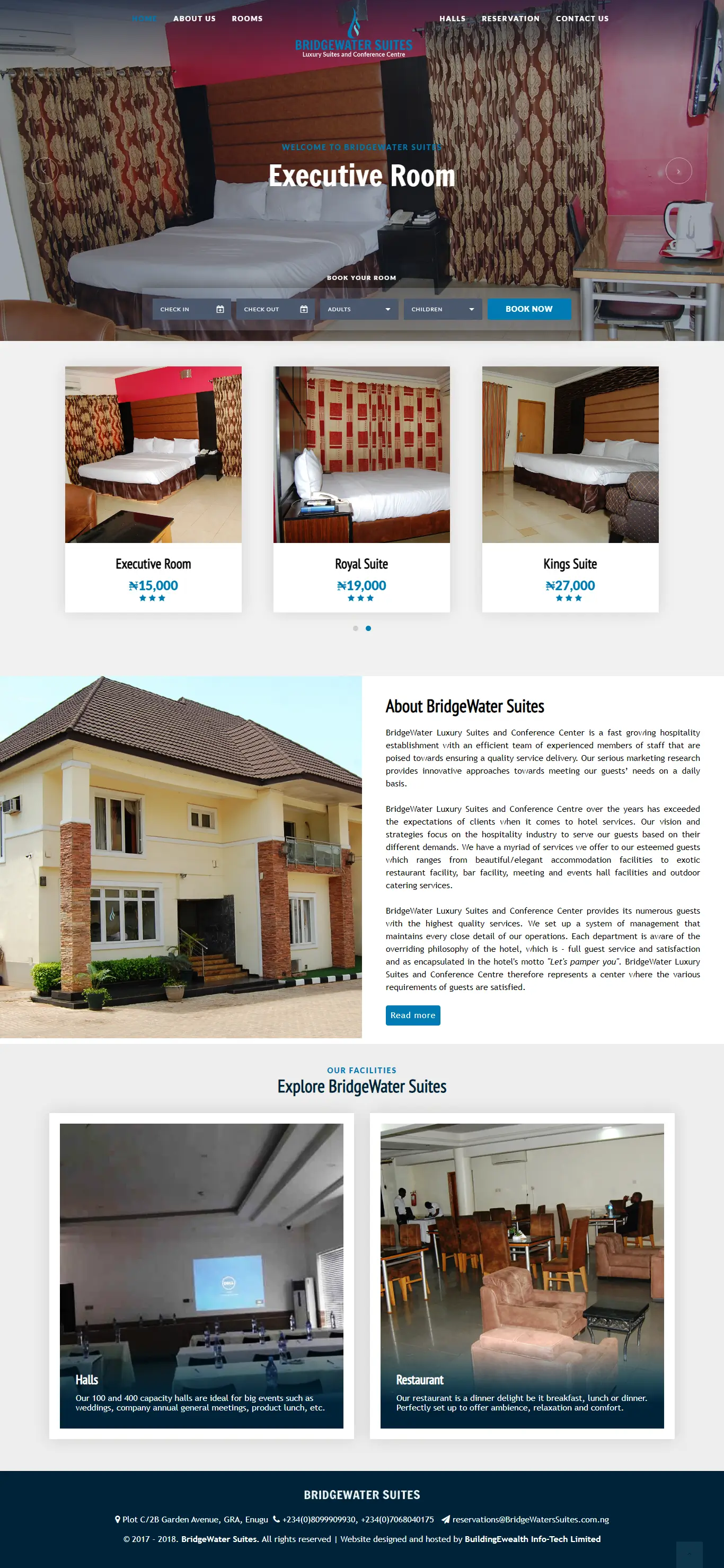 BridgeWater Luxury Suites and Conference Center Hotels website homepage showing rooms, event halls, and hospitality services
