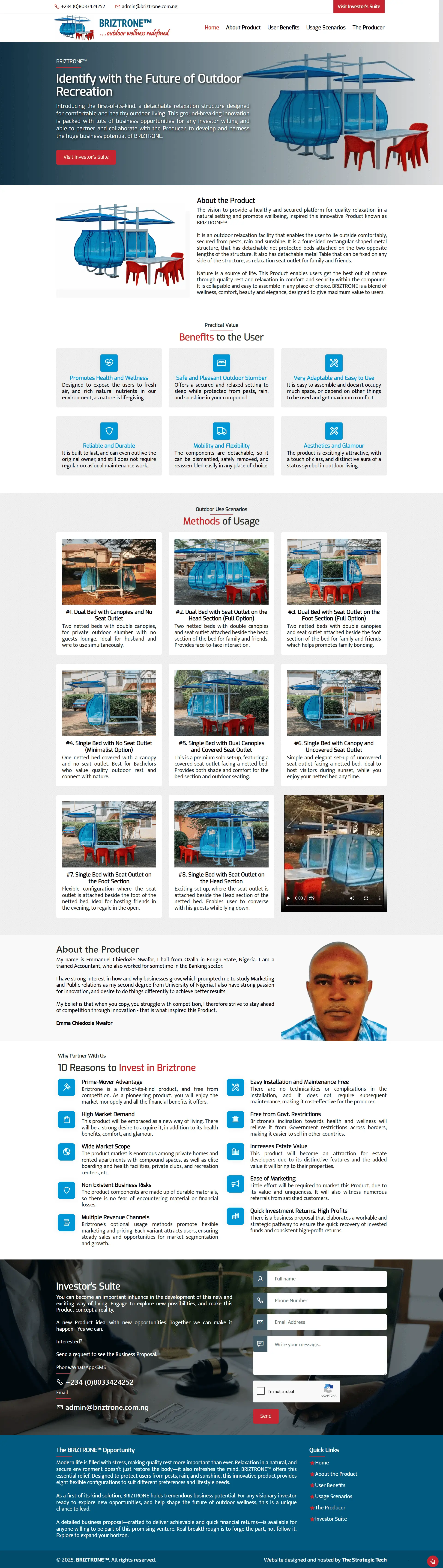 BRIZTRONE Manufacturing website homepage showing a relaxation product, outdoor seating solutions, and investor opportunities