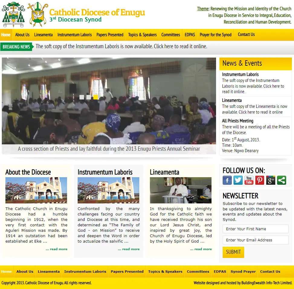 Catholic Diocese of Enugu 3rd Diocesan Synod Religious website homepage showing church events, synod information and documents