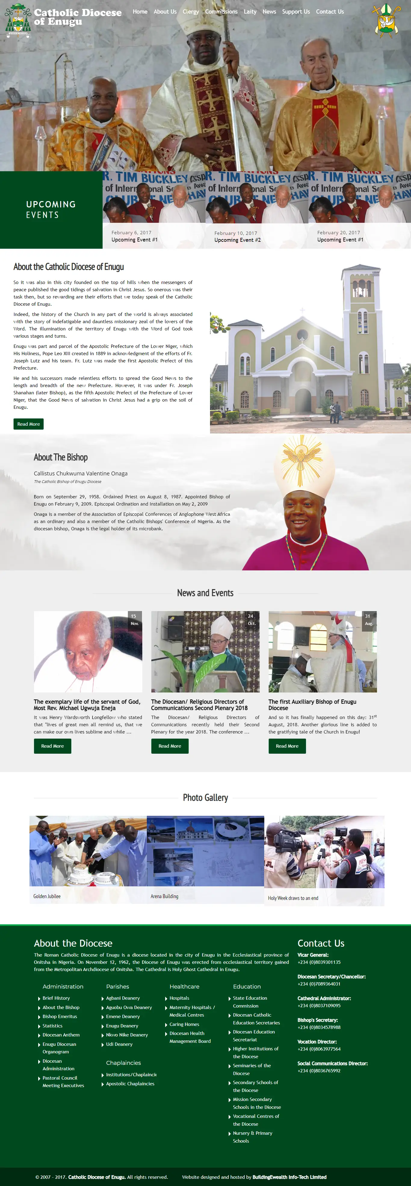 Catholic Diocese of Enugu Religious website homepage showing church leadership, diocesan news, clergy information, and programs