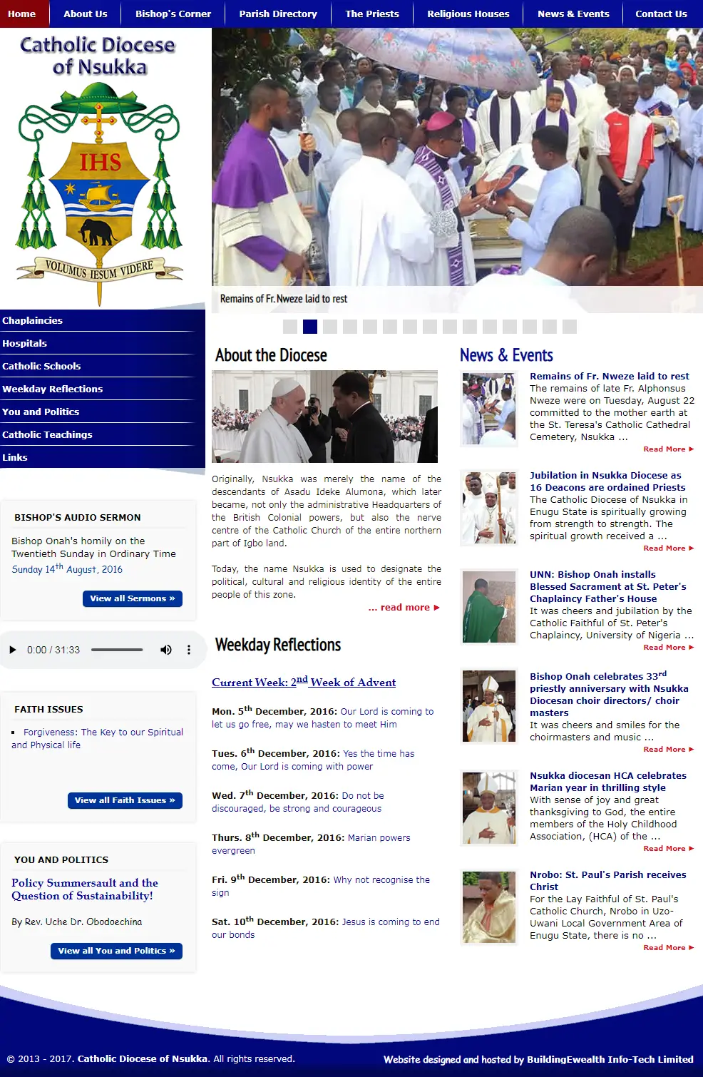 Catholic Diocese of Nsukka Religious website homepage showing church leadership, diocesan news, clergy information, and programs