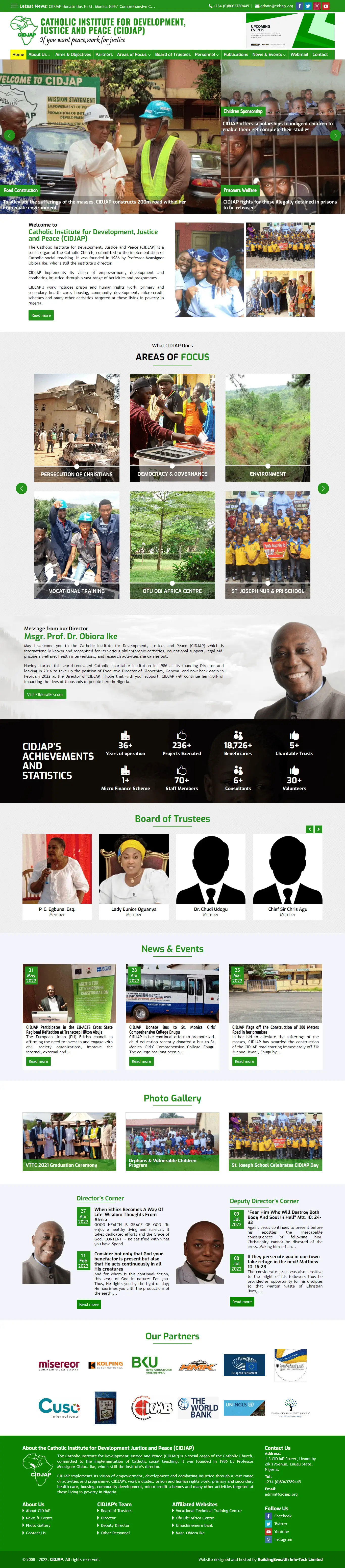Catholic Institute for Development, Justice and Peace Nonprofit website homepage showing advocacy, education, and community support