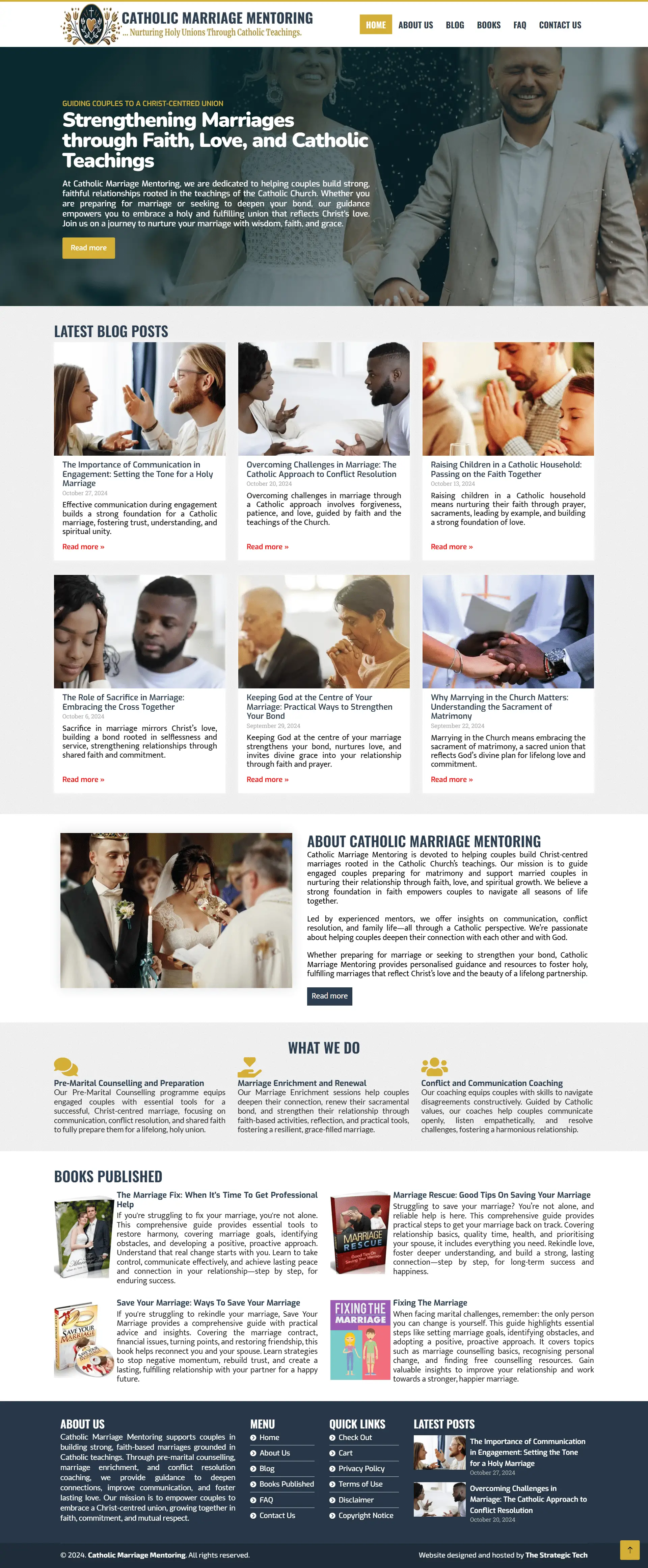 Catholic Marriage Mentoring Marriage website homepage showing marriage counseling, faith guidance, relationship resources, and books