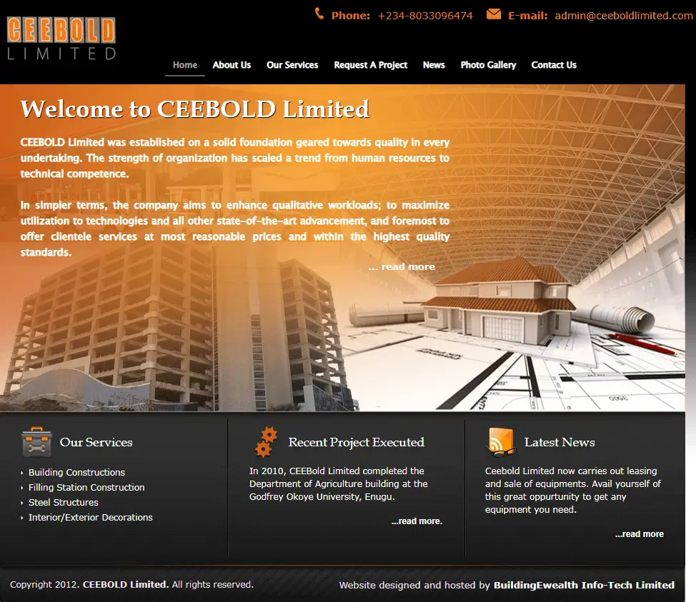 CEEBOLD Limited Construction website homepage showing building projects, steel structures, and engineering services
