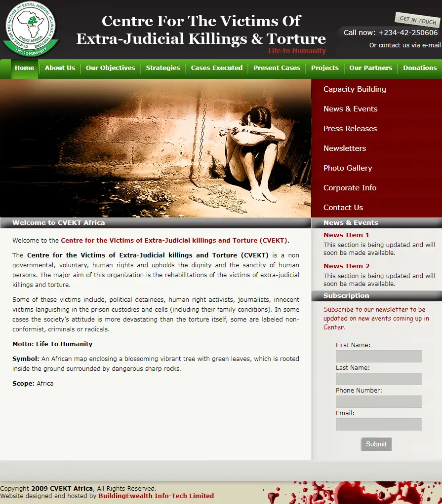 Centre for the Victims of Extra-Judicial Killings and Torture Nonprofit website homepage showing advocacy and victim support