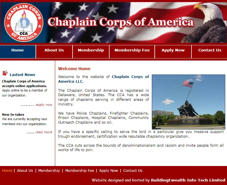 Chaplain Corps of America LLC Associations website homepage showing chaplain membership details and ministry support