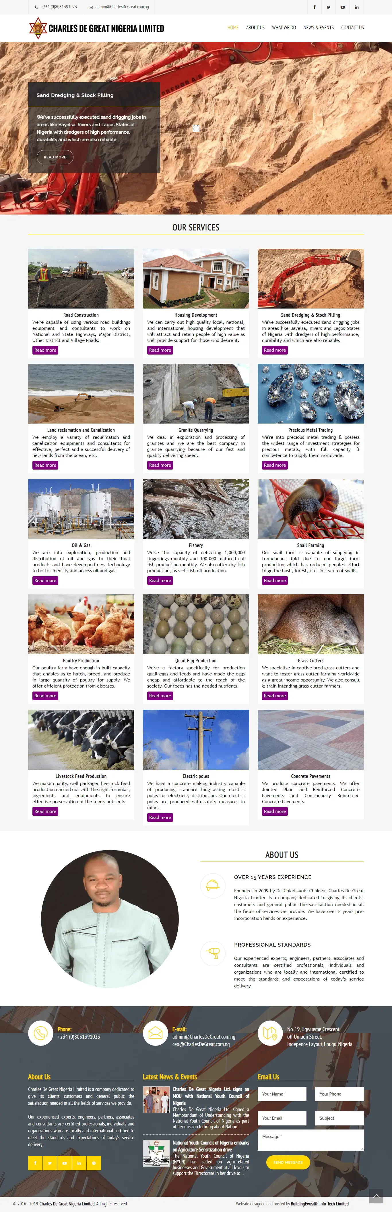 Charles De Great Nigeria Limited Conglomerate website homepage showing construction, dredging, agriculture, and trading services