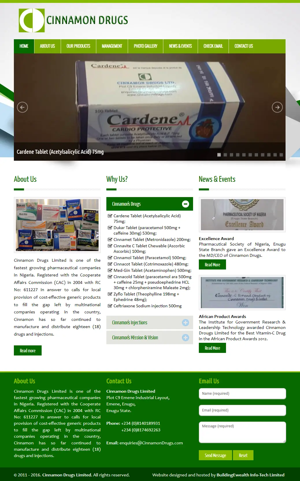 Cinnamon Drugs Limited Pharmaceuticals website homepage showing pharmaceutical products and the company's achievements