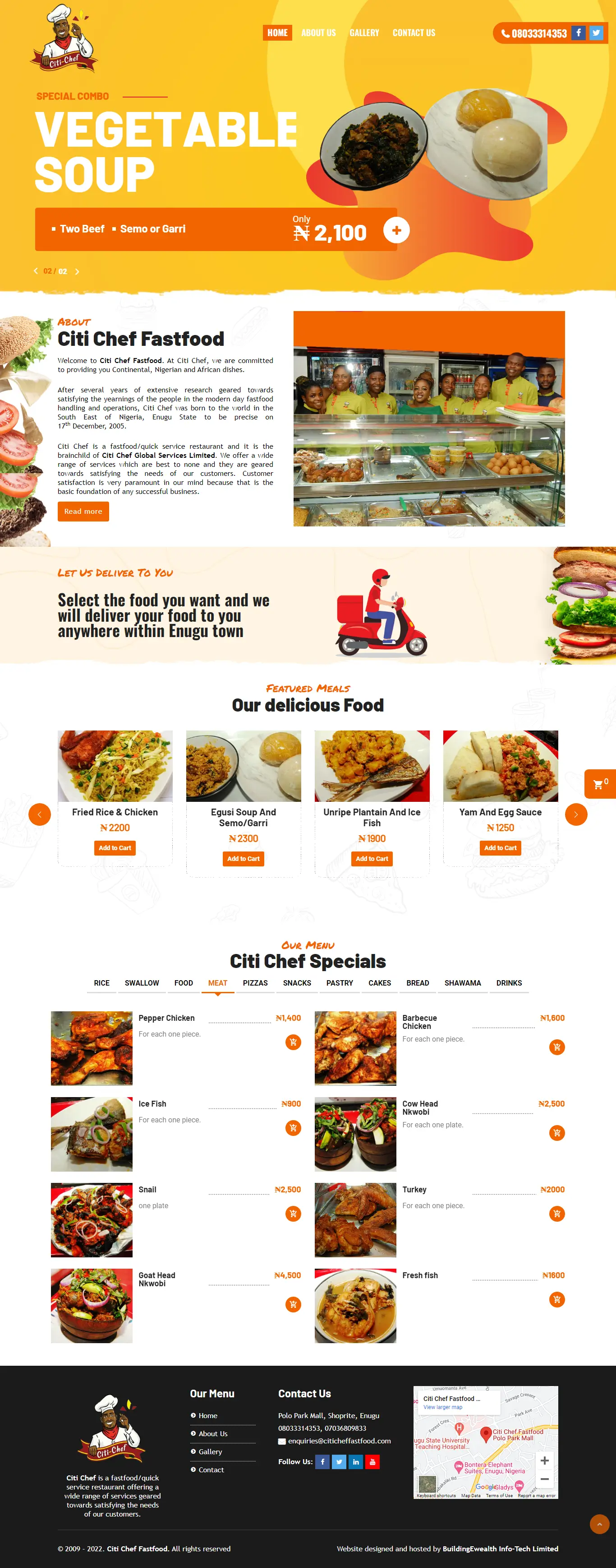 Citi Chef Fastfood Restaurants website homepage showing local meals, restaurant menu options and food order and delivery