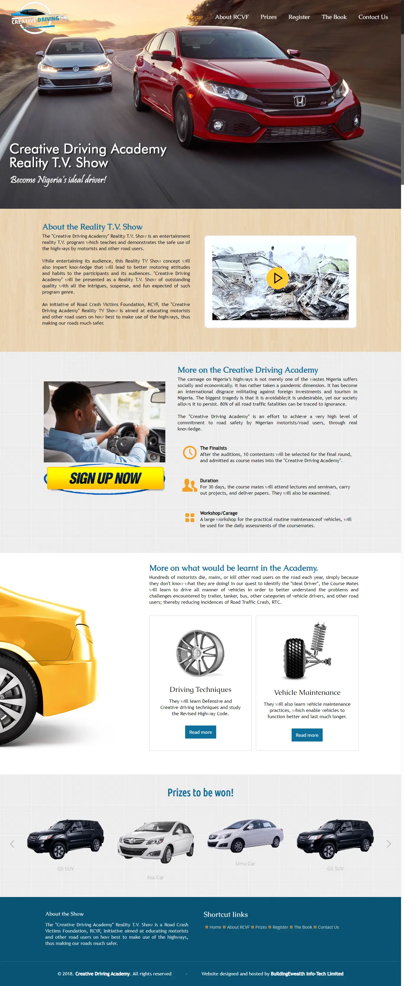 Creative Driving Academy Events website homepage showing driving education, vehicle safety training, and reality TV show