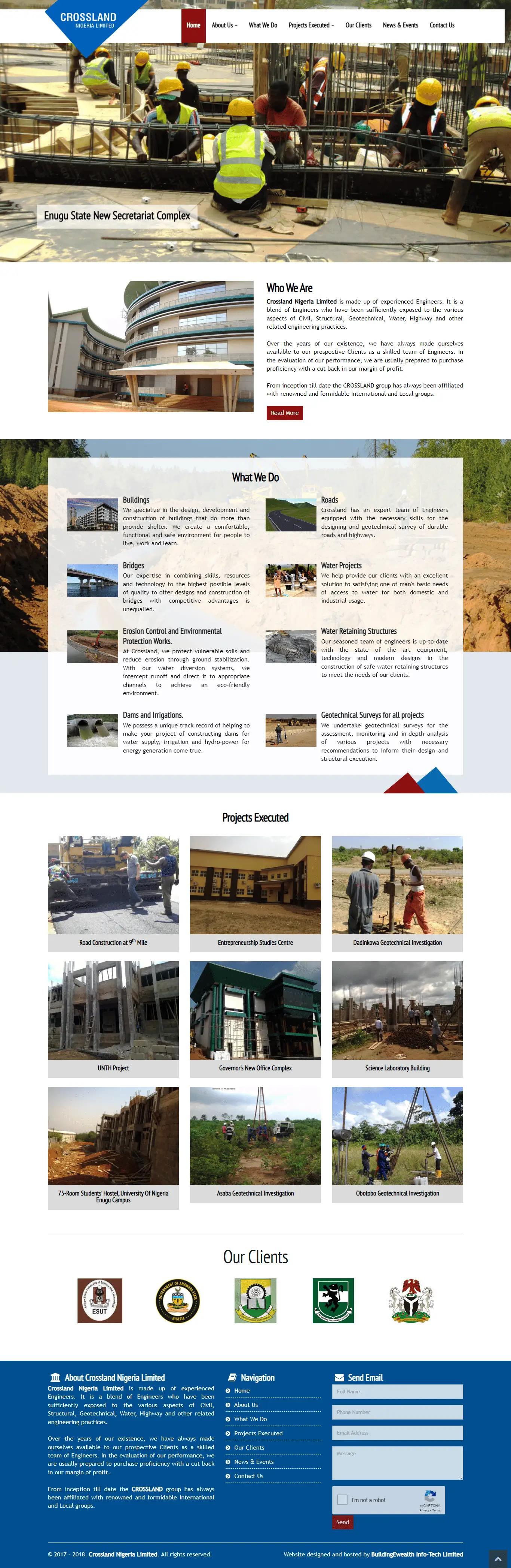 Crossland Nigeria Limited Construction website homepage showing engineering, road, construction, and geotechnical projects