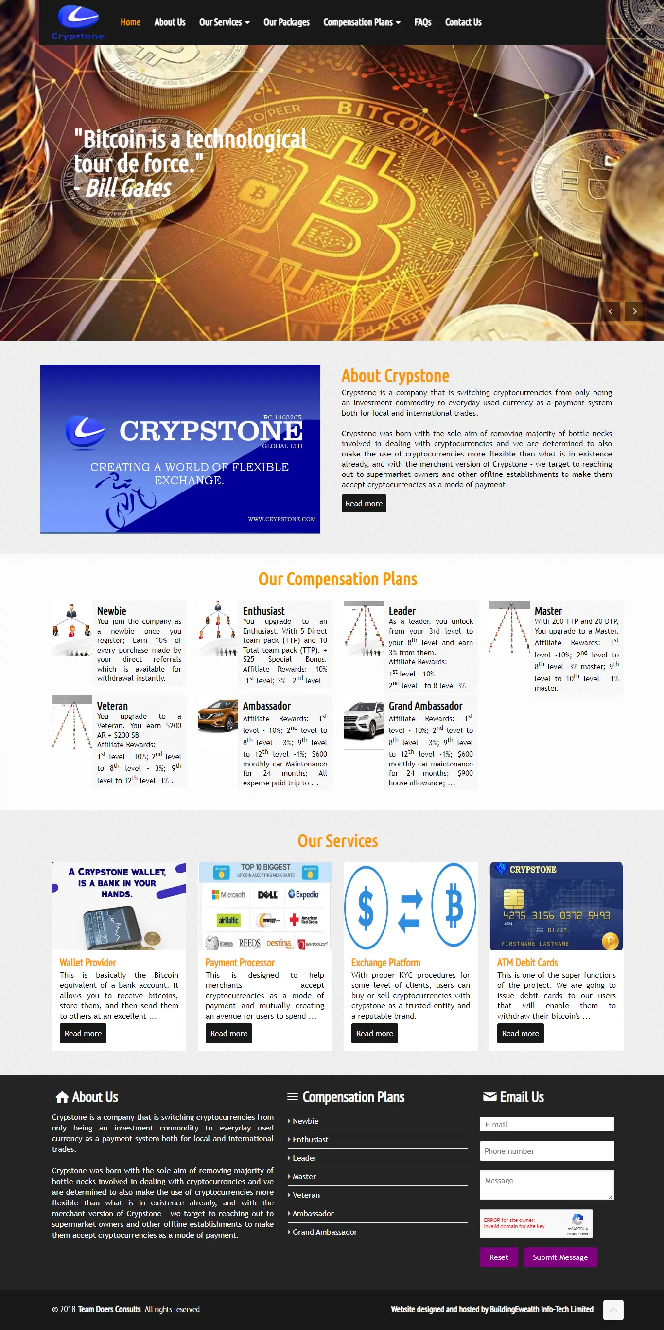 Crypstone by Team Doers Consults Crypto website homepage showing cryptocurrency exchange, payment solutions, and investments