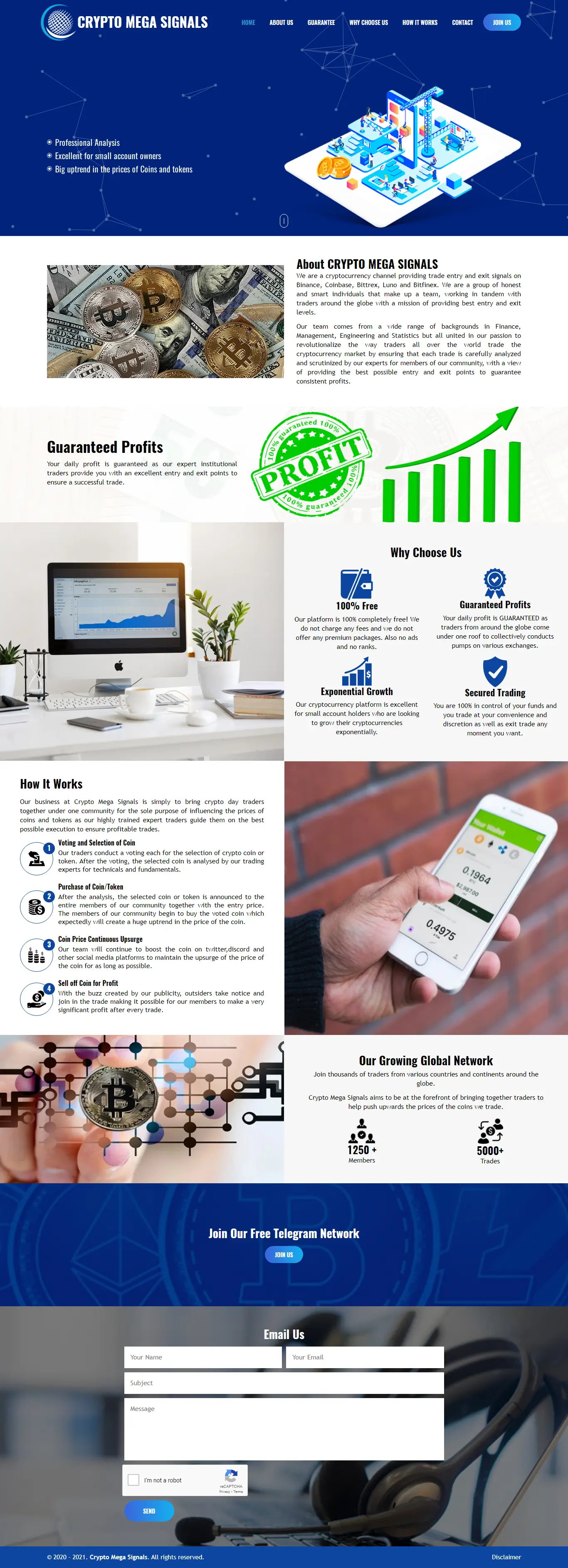 Crypto Mega Signals Crypto website homepage showing cryptocurrency trading signals, profit strategies, and crypto investment guidance