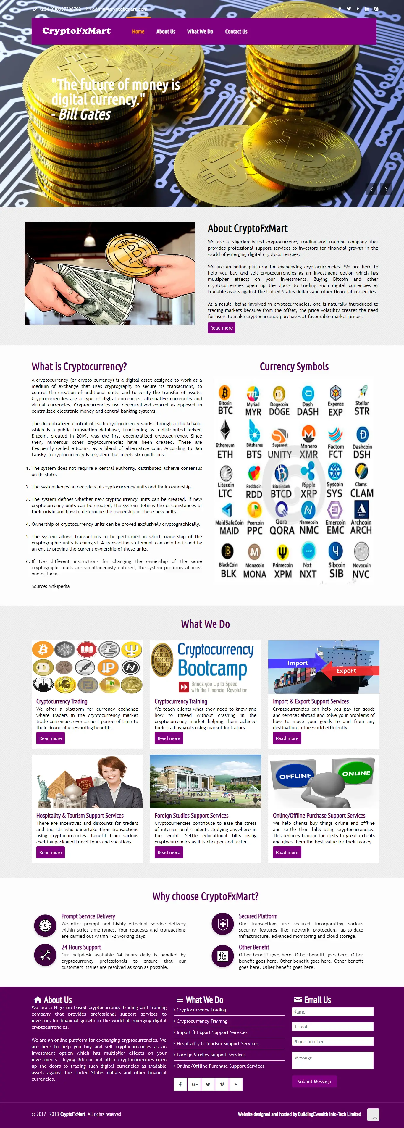 CryptoFxMart Crypto website homepage showing cryptocurrency trading, exchange services, and digital currency education