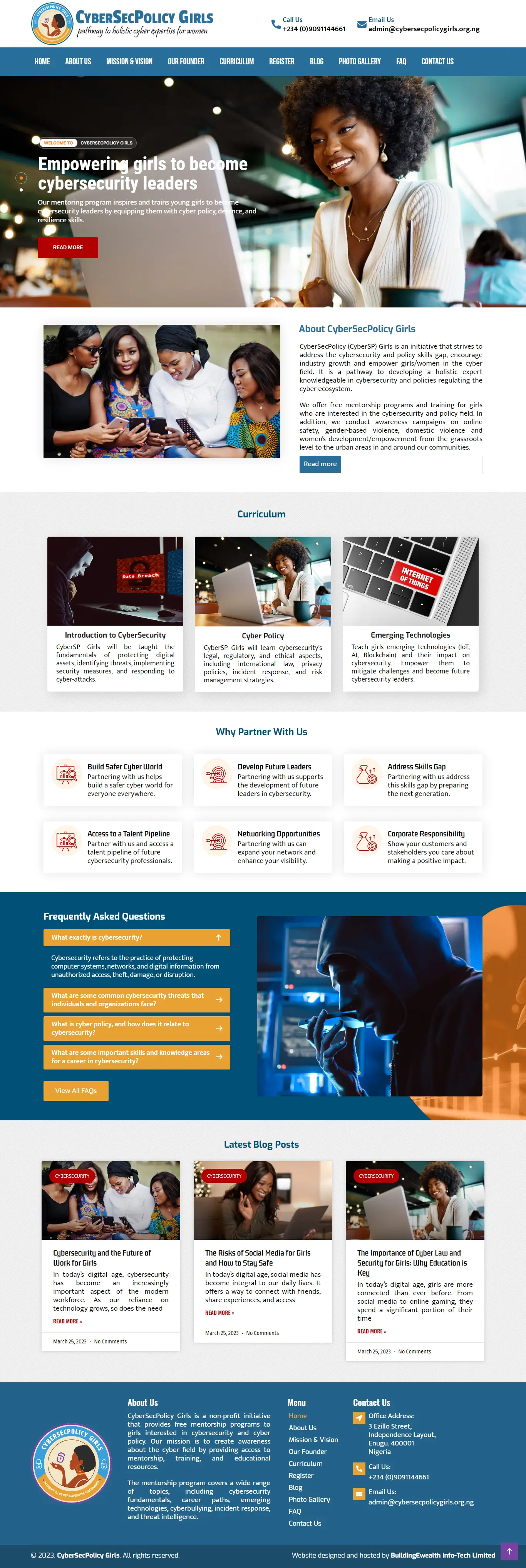 CyberSecPolicy Girls Nonprofit website homepage showing cybersecurity and digital skills training, and mentorship programs