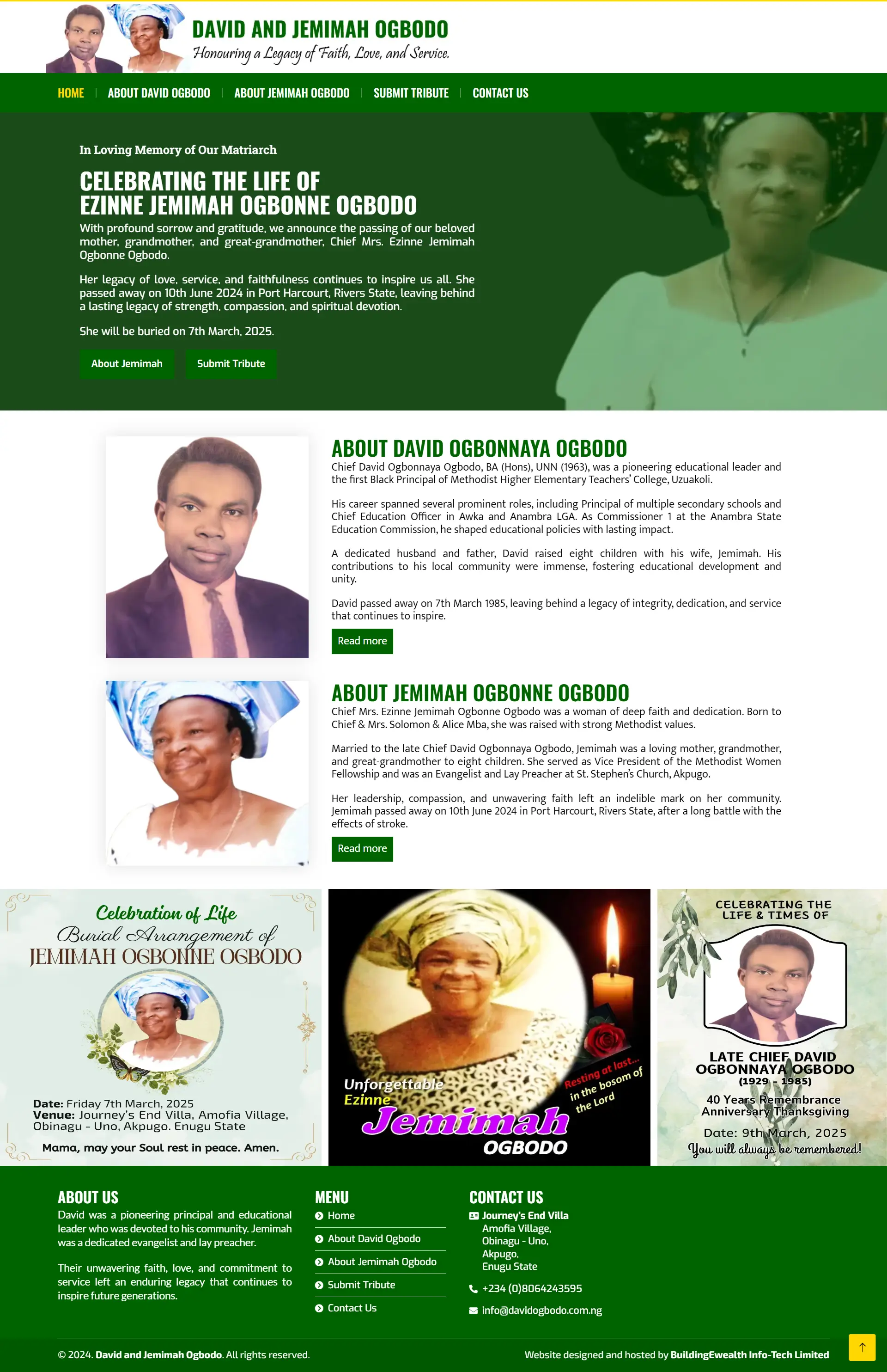 David and Jemimah Ogbodo Personal Brand website homepage showing family legacy, tribute messages, and remembrance celebrations