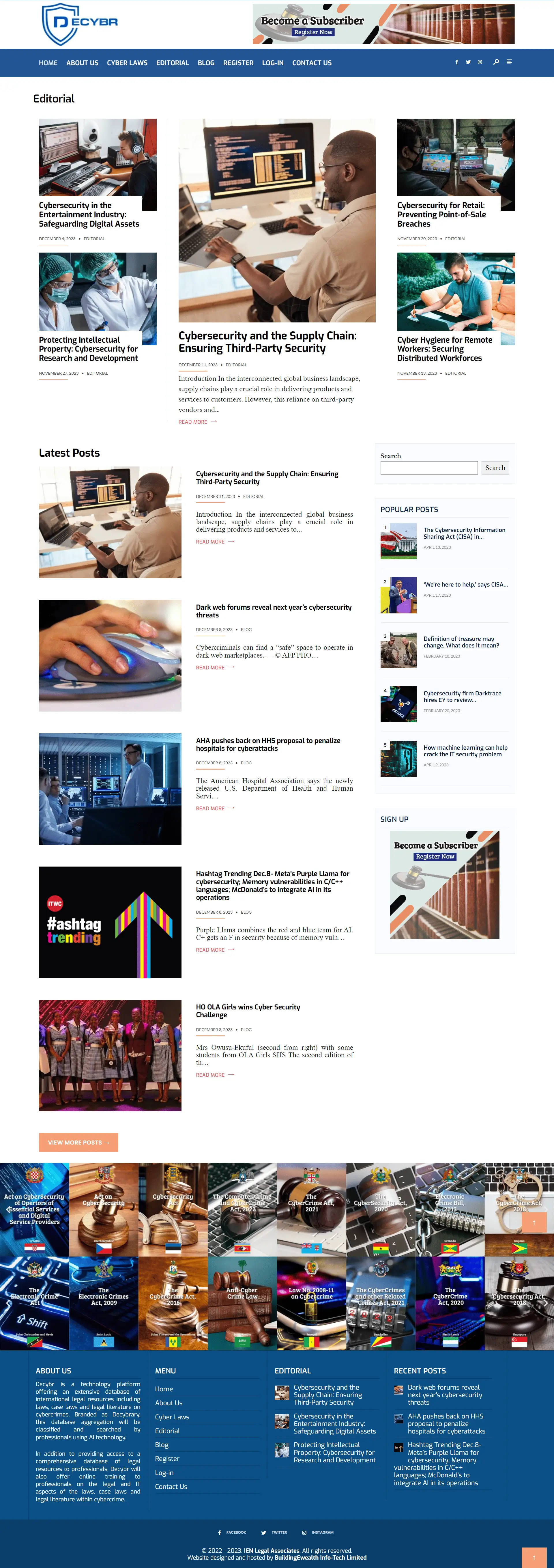 Decybr Media website homepage showing cybersecurity editorials, cyber law resources, and daily cybersecurity news updates
