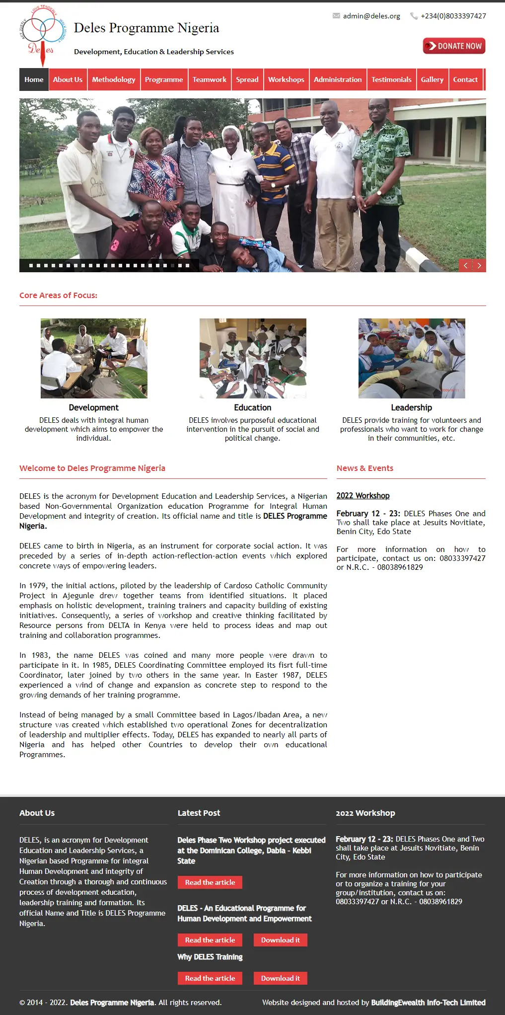 Deles Programme Nigeria Nonprofit website homepage showing leadership, education, and community development programs