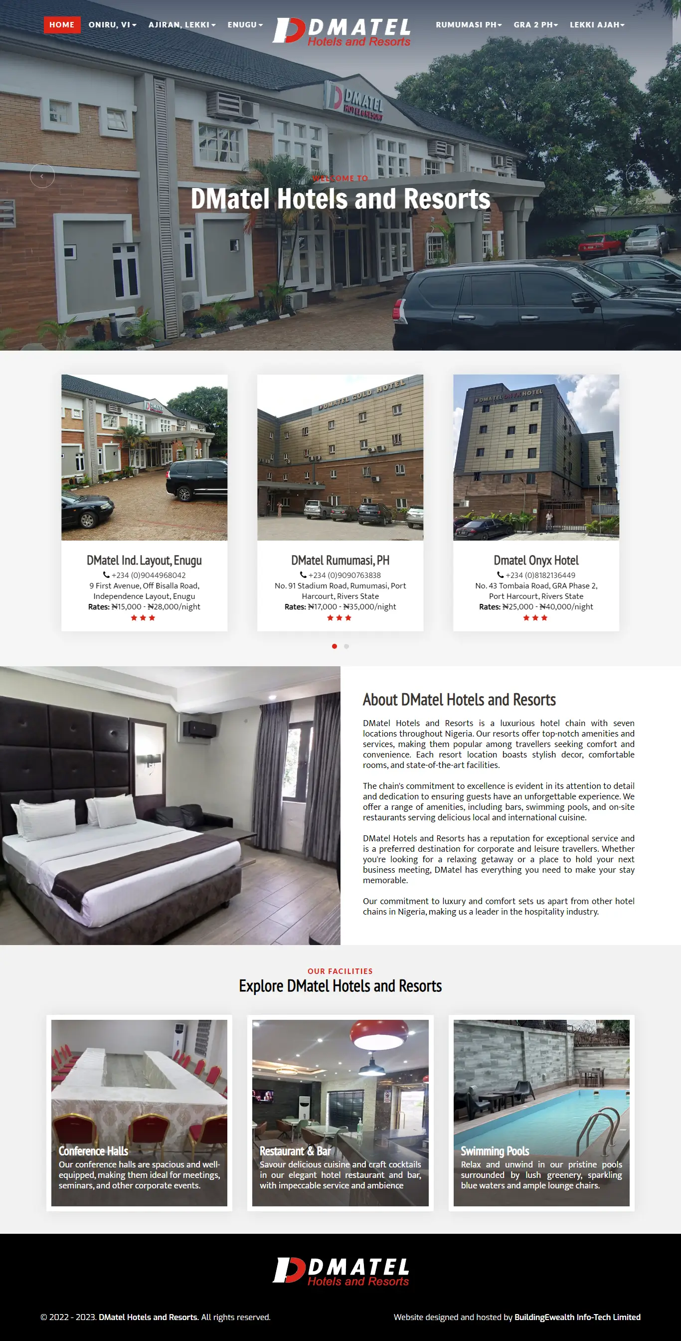 DMatel Hotels and Resorts Hotels website homepage showing accommodations, luxury facilities, and hospitality services