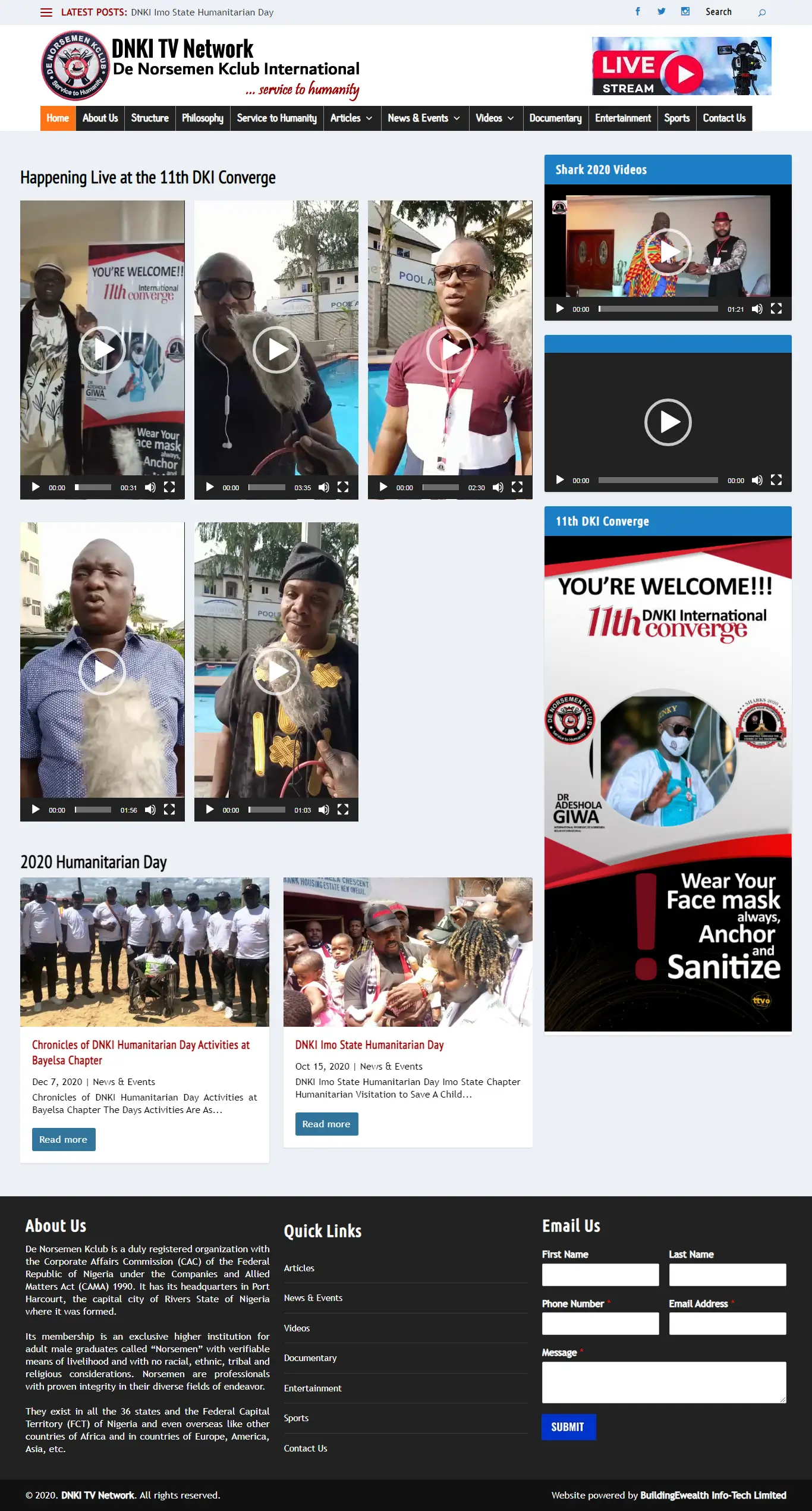 DNKI TV Network Media website homepage showing live programmes, humanitarian activities, and entertainment content