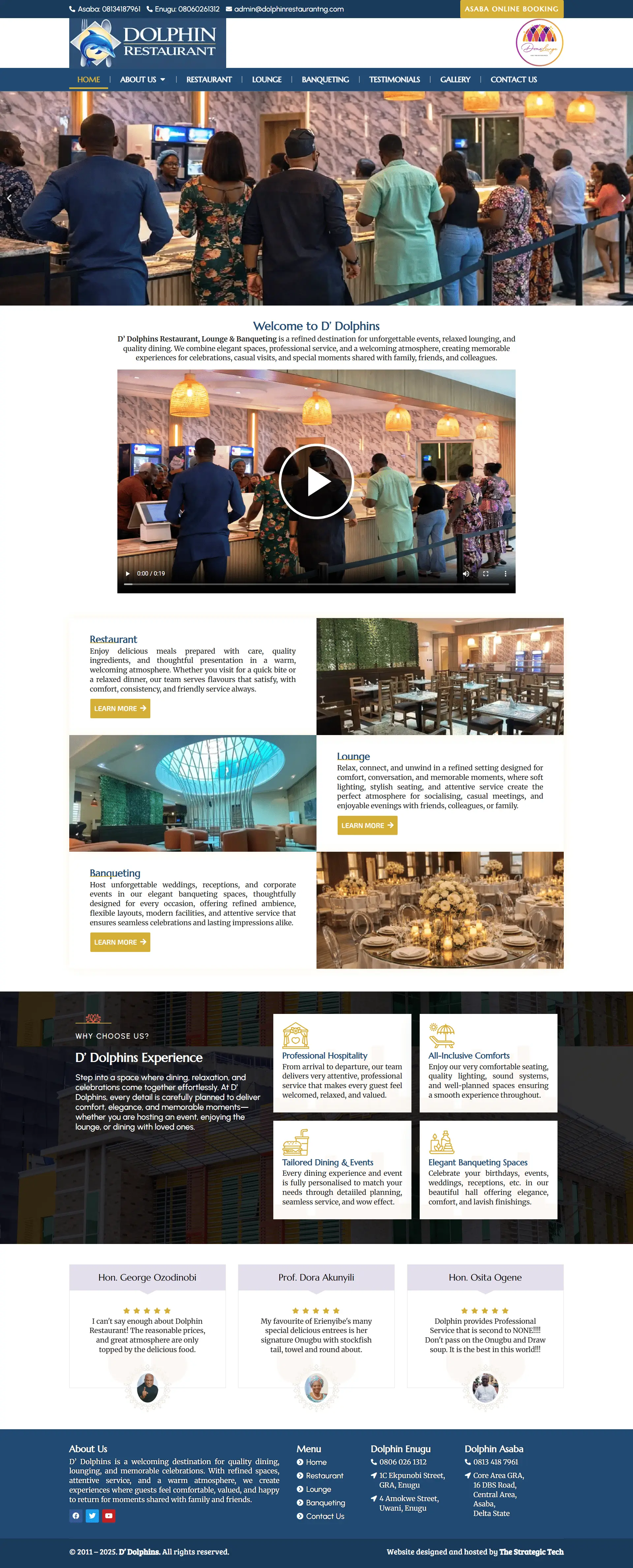 Dolphin Restaurant website homepage showing dining, lounge services, banquet facilities, and customer testimonials