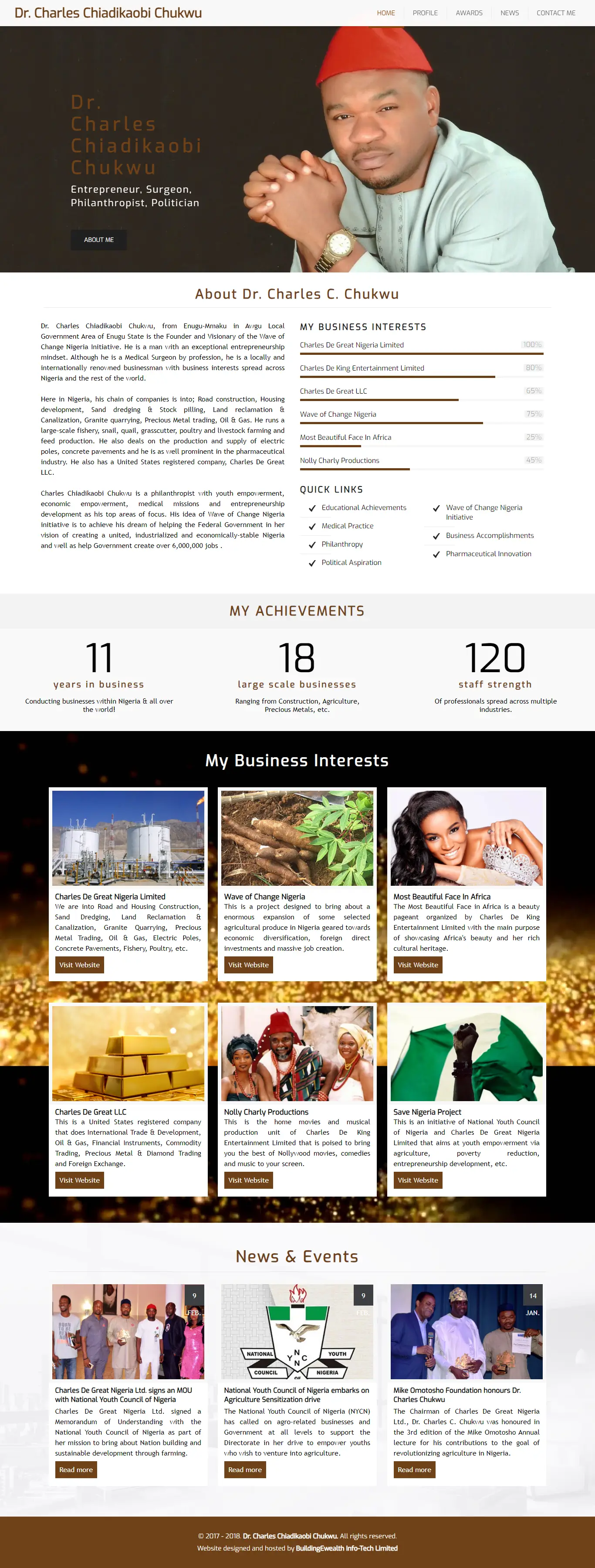 Dr. Charles Chiadikaobi Chukwu Personal Brand website homepage showing his philanthropy, achievements, and business interests