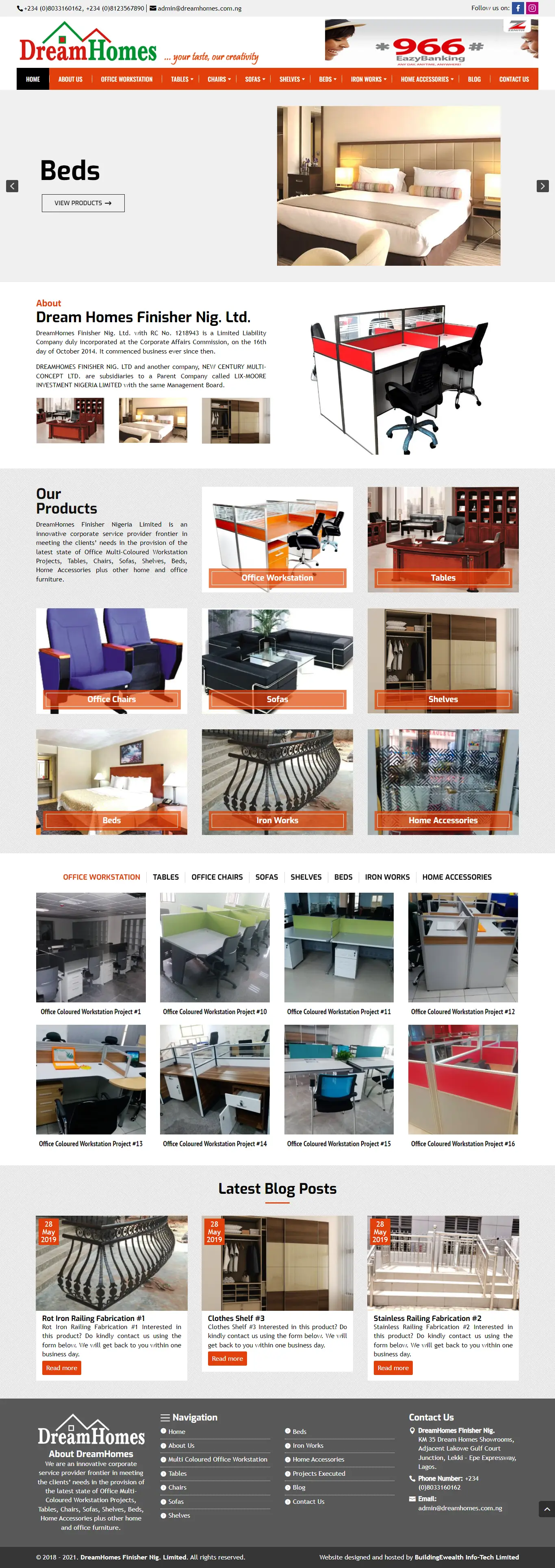 DreamHomes Finisher Nigeria Limited Furniture website homepage showing office workstations, sofas, beds, and home accessories