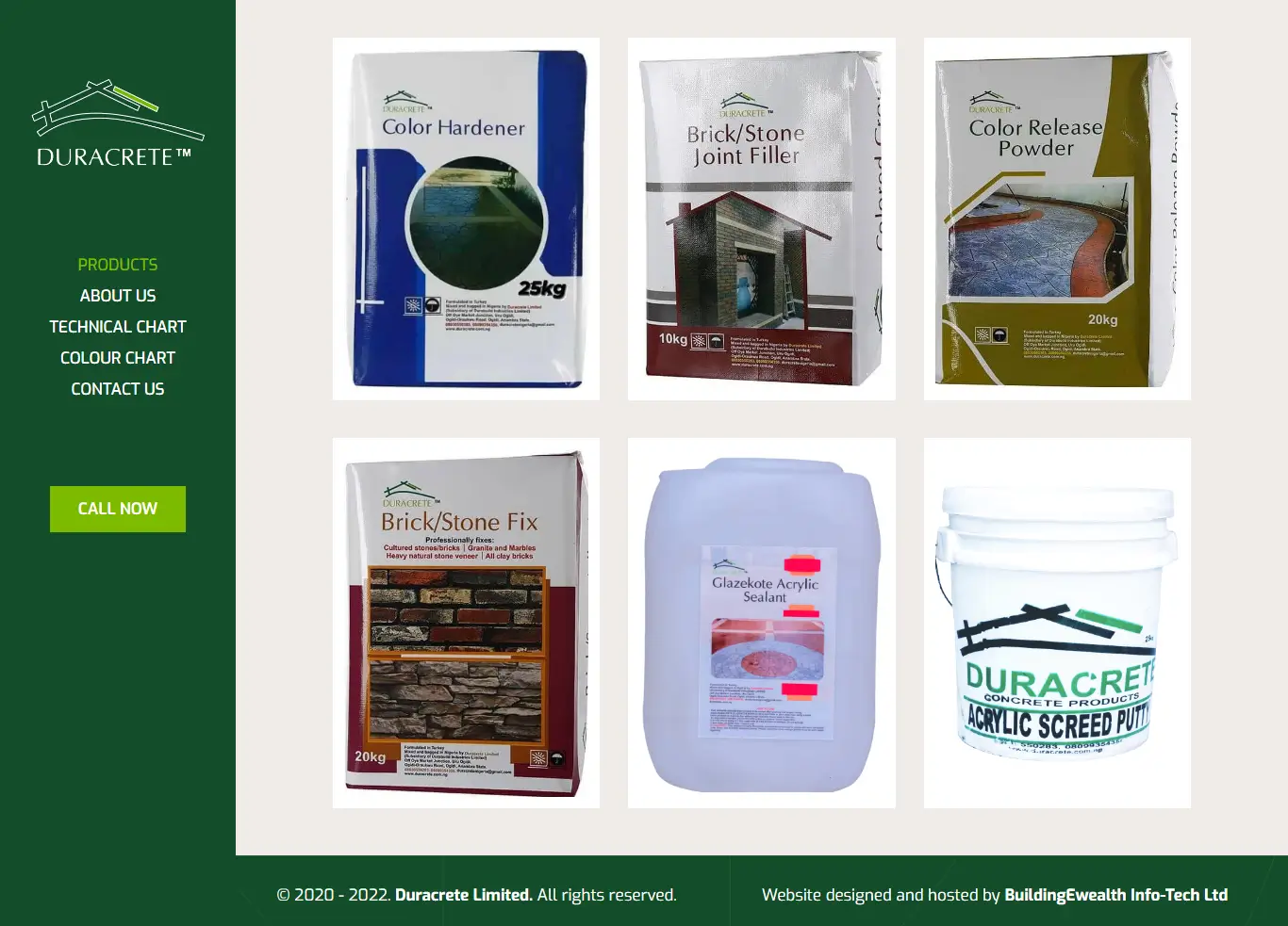 Duracrete Limited Manufacturing website homepage showing decorative concrete, color hardeners, sealers, and stone fixing products