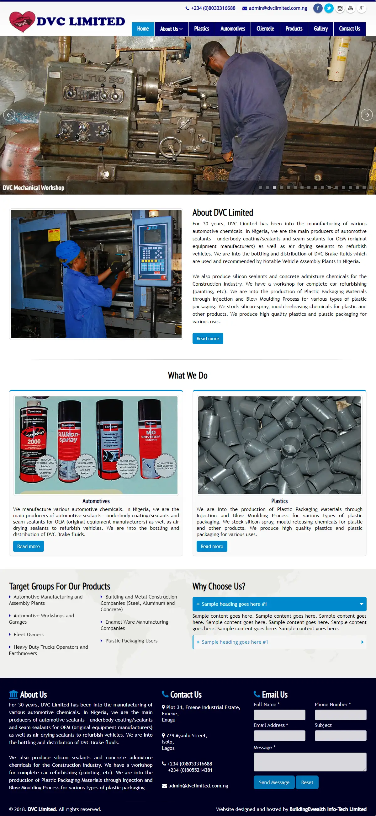 DVC Limited Manufacturing website homepage showing automotive chemicals, plastic packaging, and industrial production services