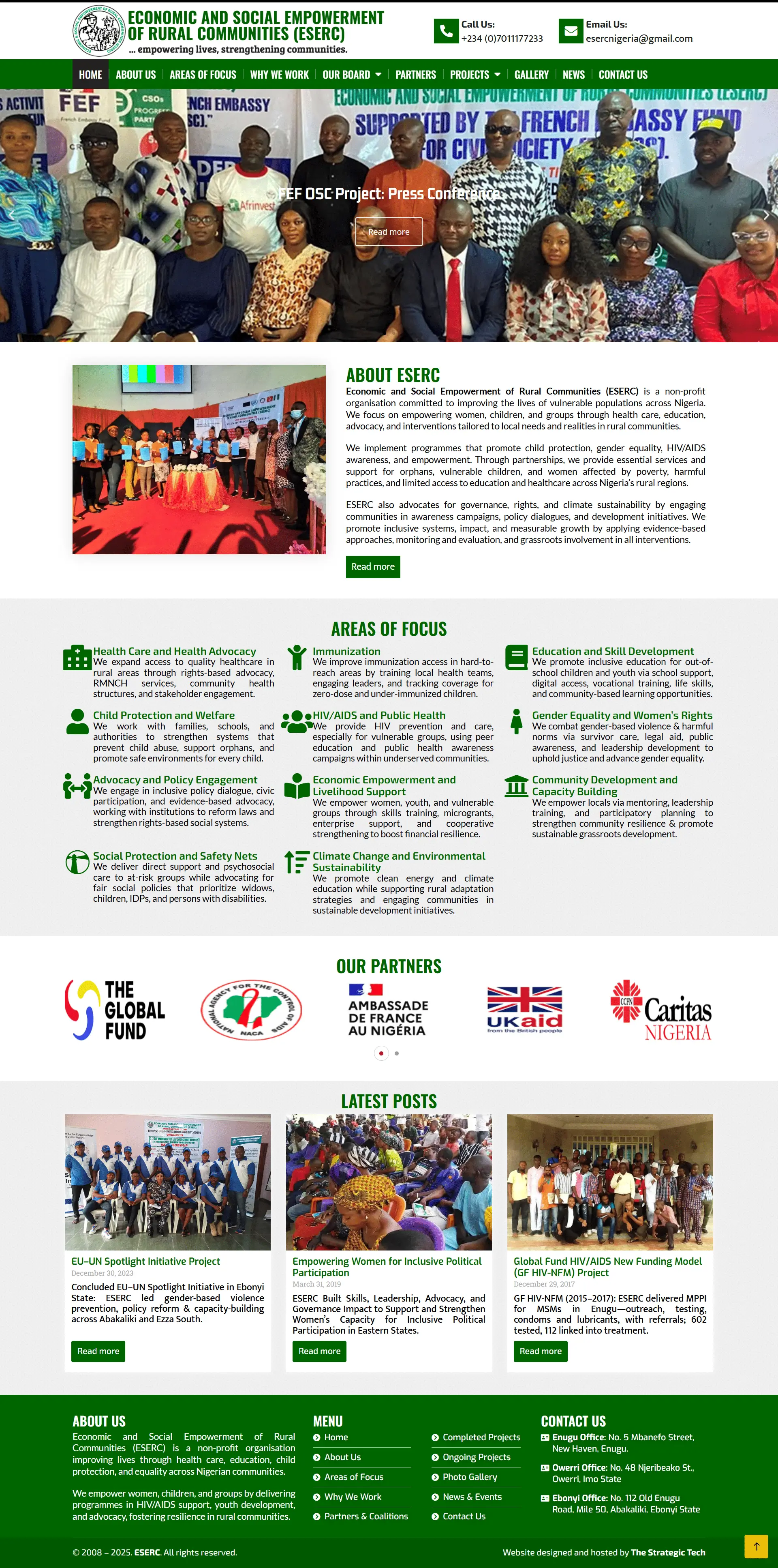Economic and Social Empowerment of Rural Communities Nonprofit website homepage showing healthcare and community programs