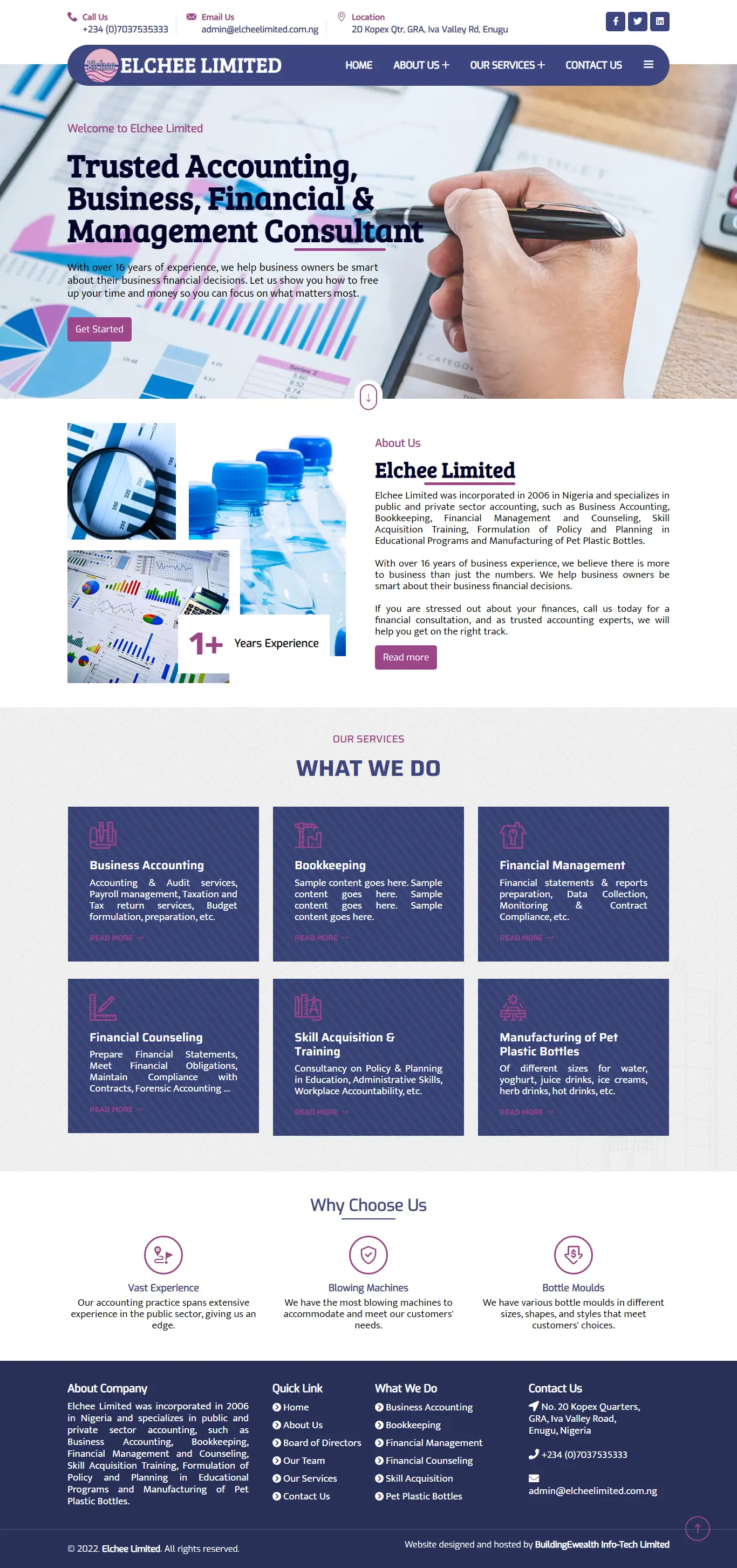 Elchee Limited Consulting website homepage showing accounting services, financial management solutions, and business consulting