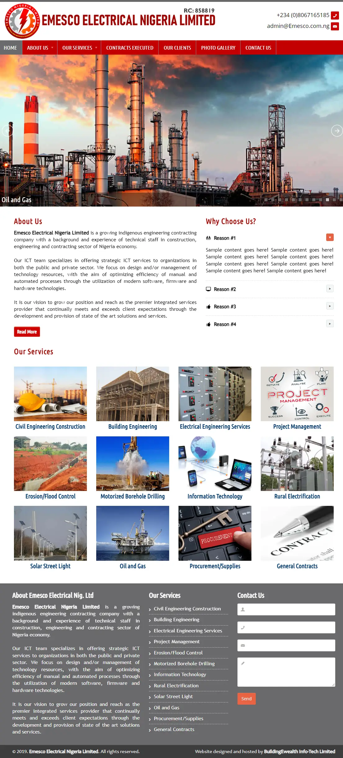 Emesco Electrical Nigeria Limited Engineering website homepage showing engineering, oil and gas, and project management services