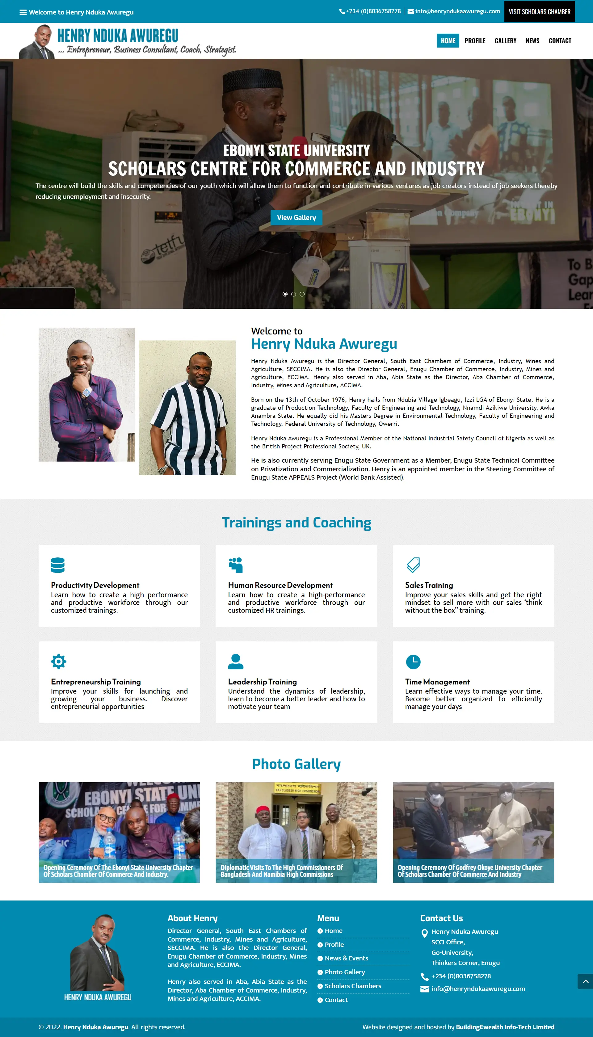 Engr. Henry Nduka Awuregu Personal Brand website homepage showing leadership training, coaching programs, and consultancy
