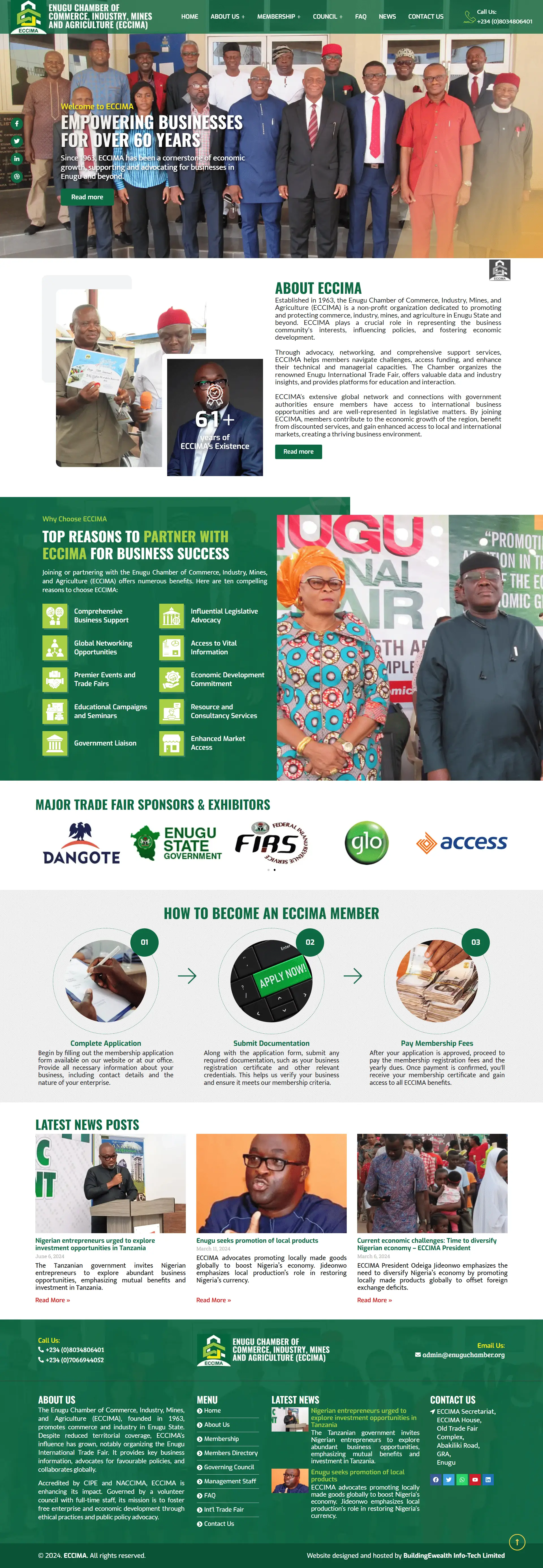 Enugu Chamber of Commerce, Industry, Mines, and Agriculture Associations website homepage showing membership and trade fair info