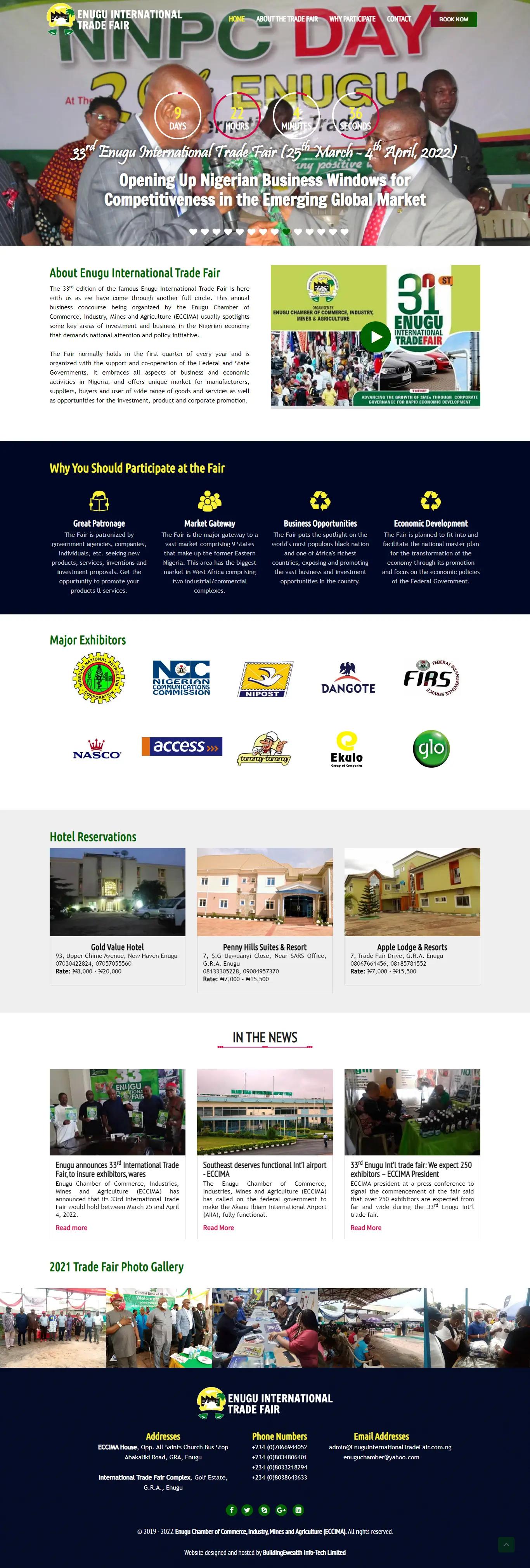 Enugu International Trade Fair Events website homepage showing trade fair activities, exhibitions, and hotel reservations